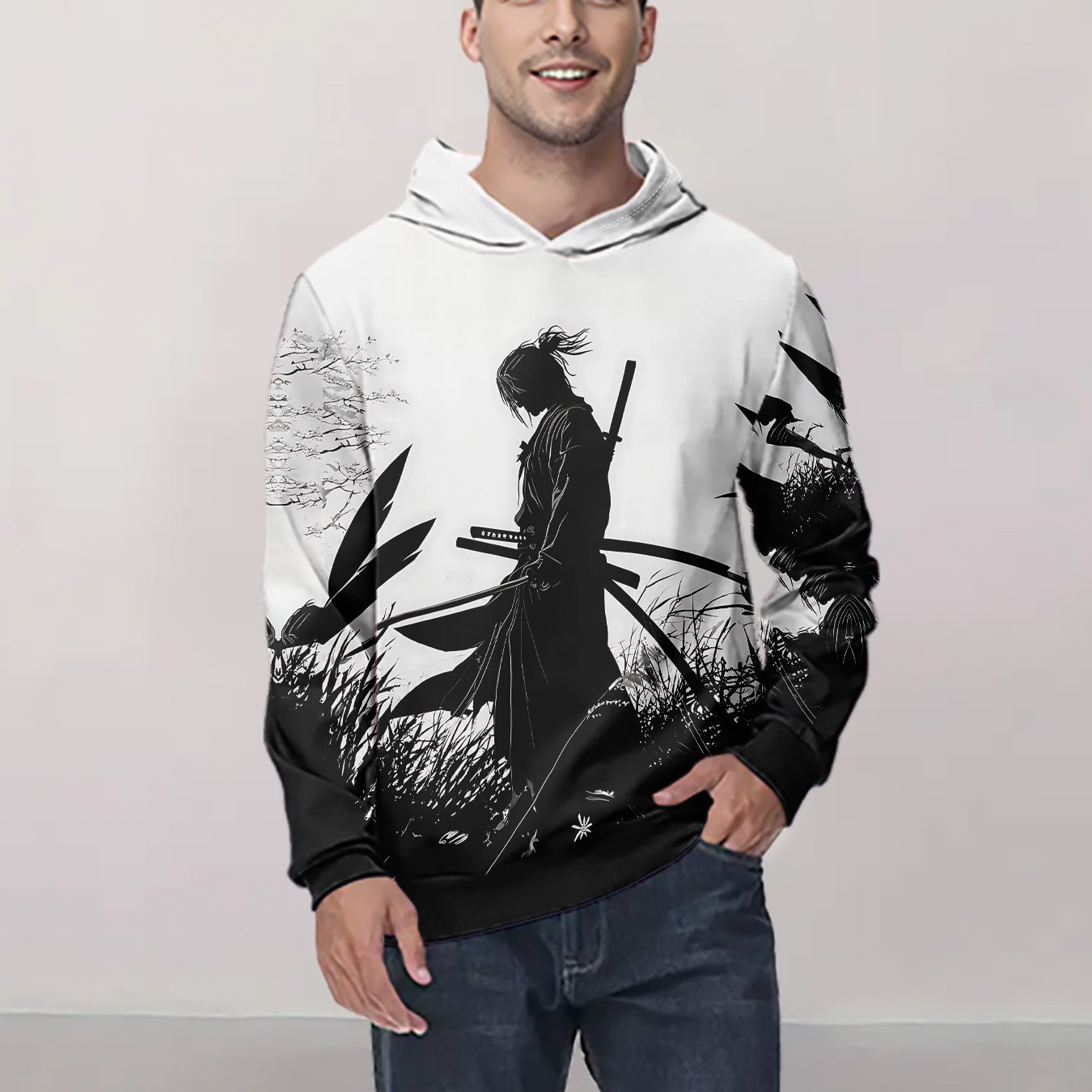 TEMU Men's 3d Printed Hoodie Black White Silhouette Sakura Graphic Pullover Sweatshirt, Breathable Slight Stretch Regular Versatile Casual Top, For