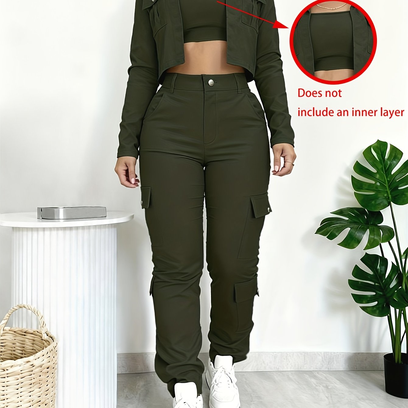 TEMU Women's Versatile 2pcs Set Featuring A Slim-fit V-neck Cropped Shirt And American-style Wide-leg Pants With Multiple Pockets, Sold Without An