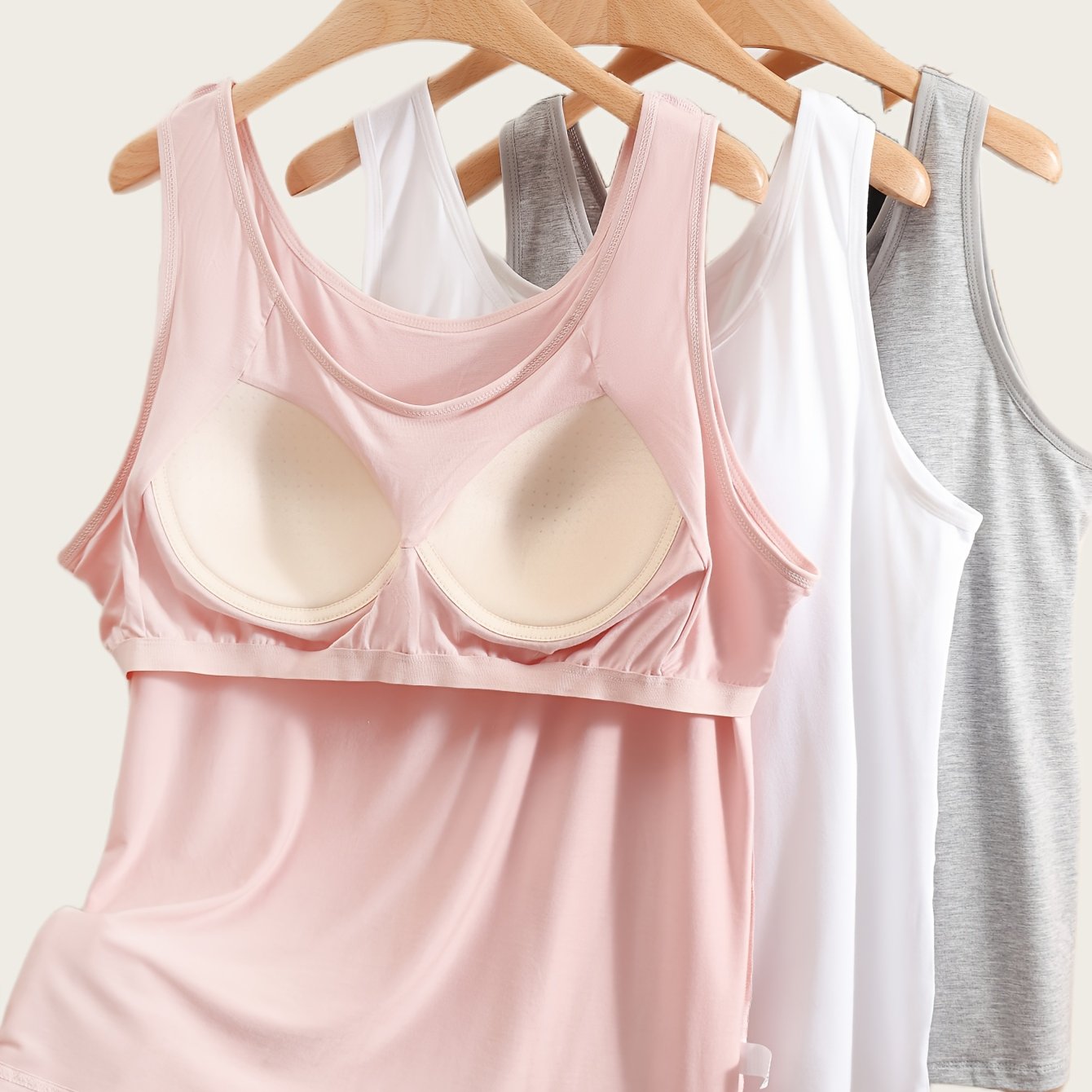 Plus Size, 3pcs Plus Size Women's Comfortable Wide Strap Casual Tank Tops, -one Built-in Padded No-underwear Needed, One-piece Cup Tank Top , Multiple Sizes 1xl-5xl