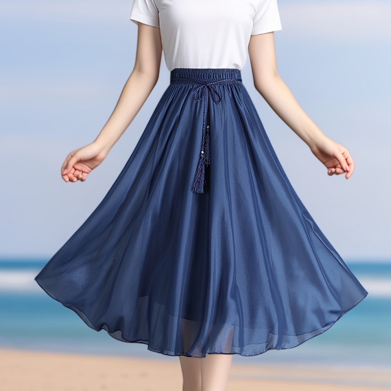 TEMU 【商品名】バケーションハウス シーサイド 旅行 無地 フルスカート ハーフスカート 夏 レディース ミドル丈 ハイウエスト ドレープ ヒップカバー ゴムウエスト Aラインスカート ファッション レディース スカート