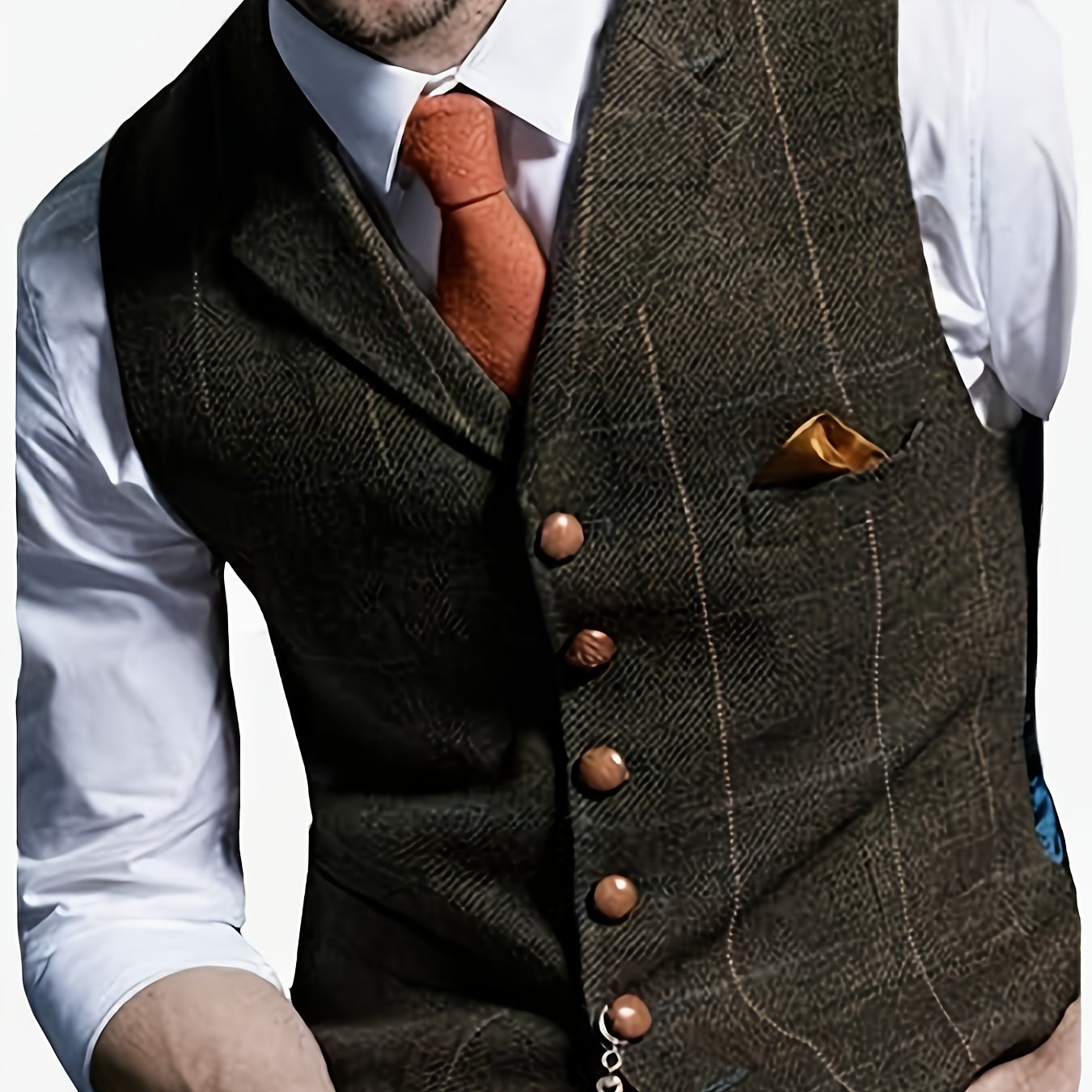 TEMU Men's Herringbone Tailored Collar Waistcoat Wool Tweed Suit Vest, Plus Size