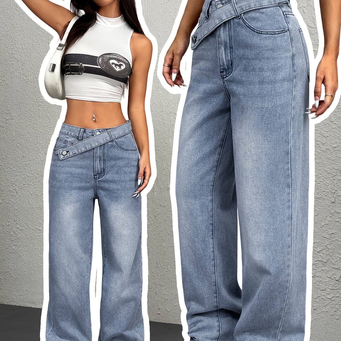 Mh743 Straight High-waist Sash Wide-leg Jeans