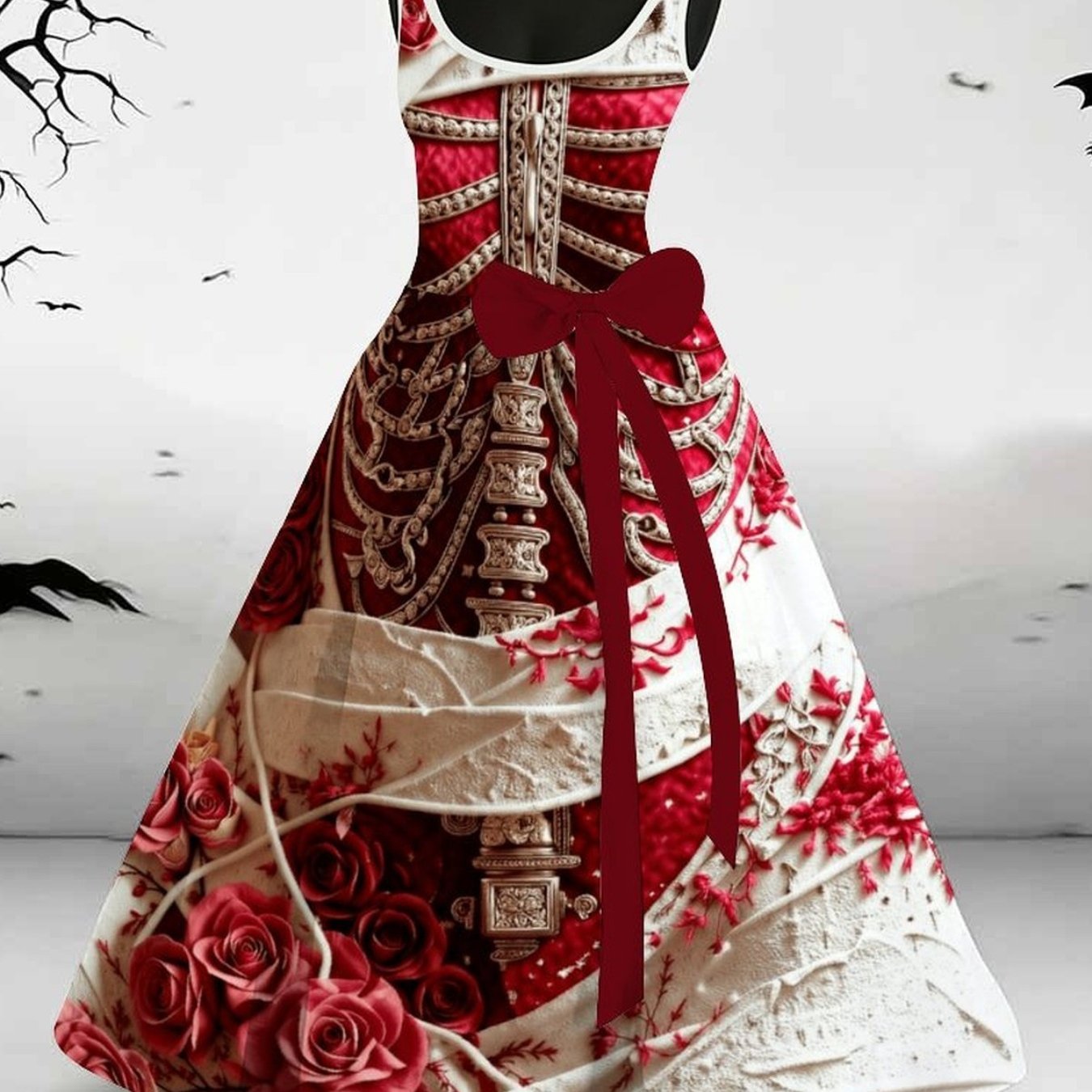 TEMU Women's Sleeveless Long Dress, Round Neck A-line Long Dress With Bow Tie, Halloween And Gothic Style Prints, Suitable For Going Out To Parties,