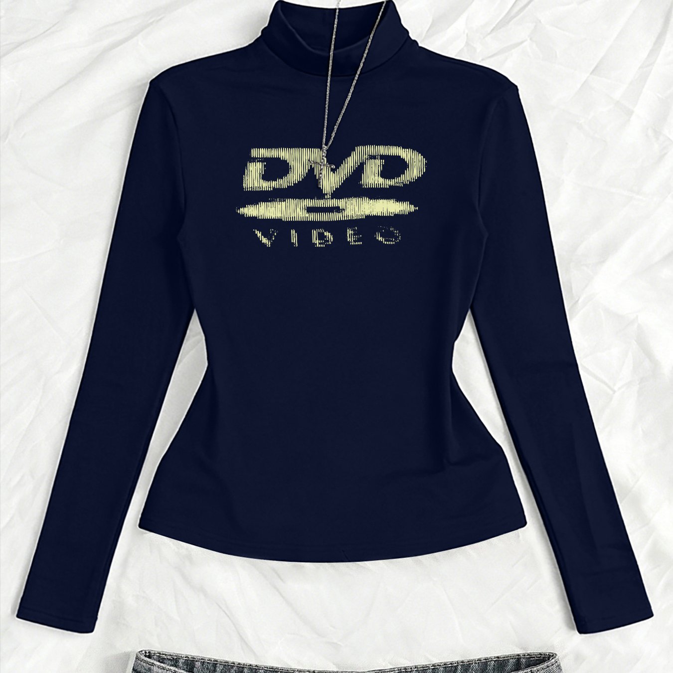 TEMU Vintage Dvd Print Long Sleeve Y2k Spicy Slim Fit Half-turtleneck Top