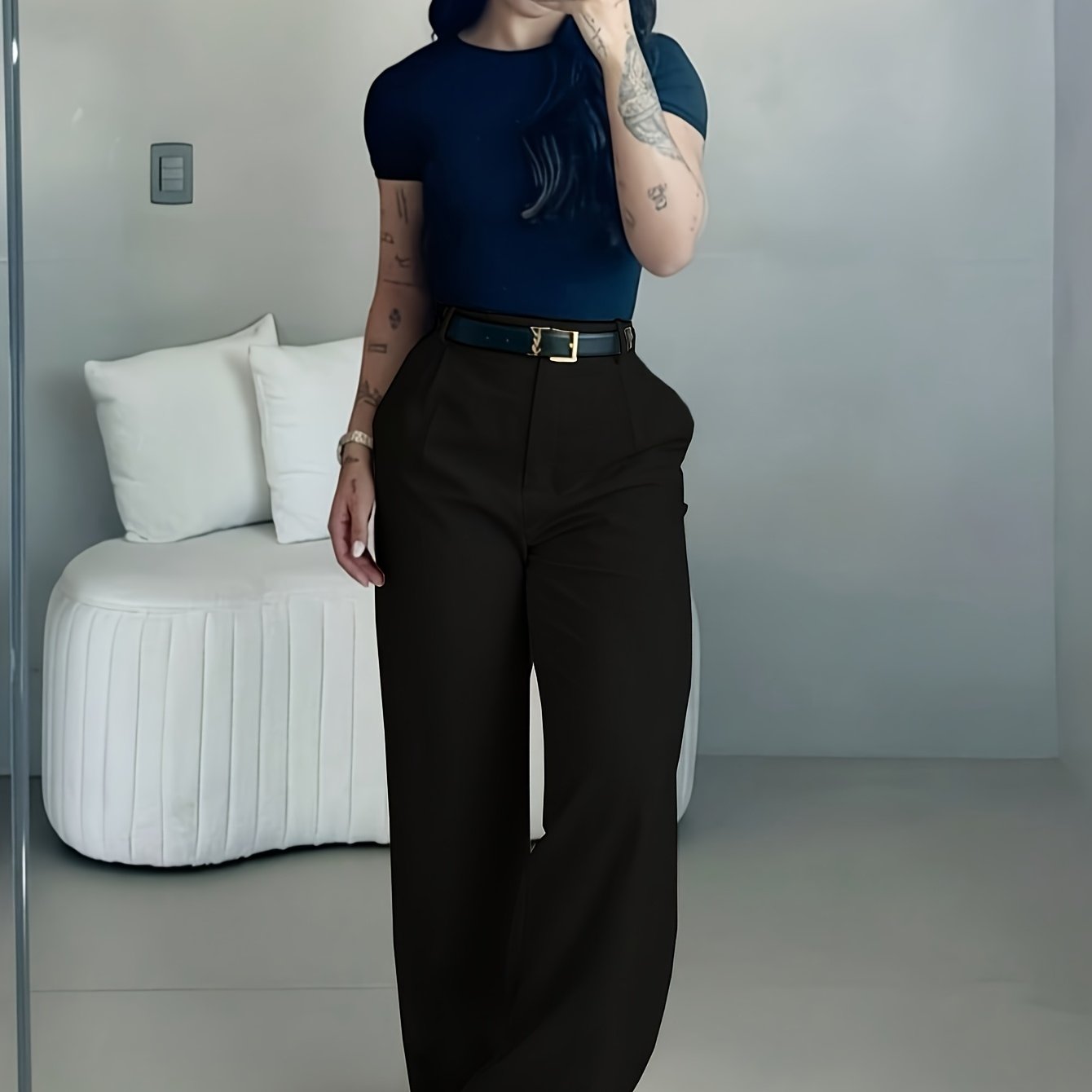 TEMU Elegant Easy Design Flare Pants For Women | Chic Solid Color, Suitable For Commuting, Office, And Casual Attire Not Included (excluding Belt)