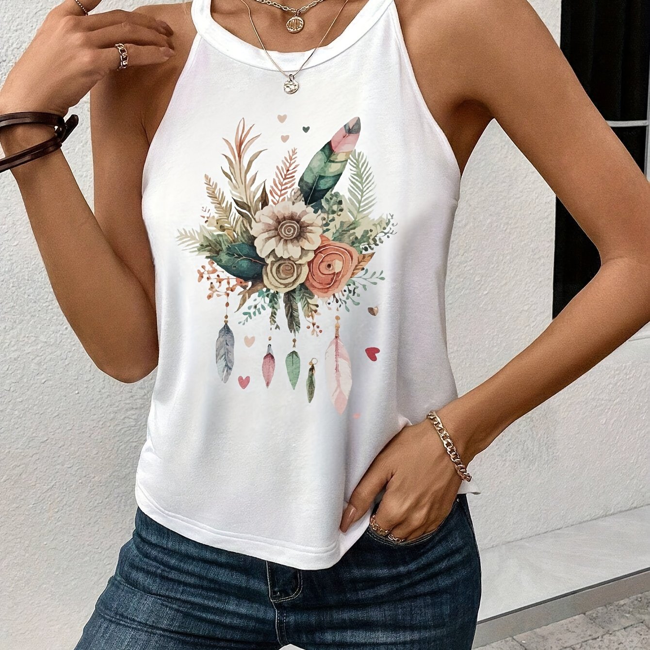 TEMU Floral Print Crew Neck Tank Top, Casual Sleeveless Tank Top For Summer, Women's Clothing