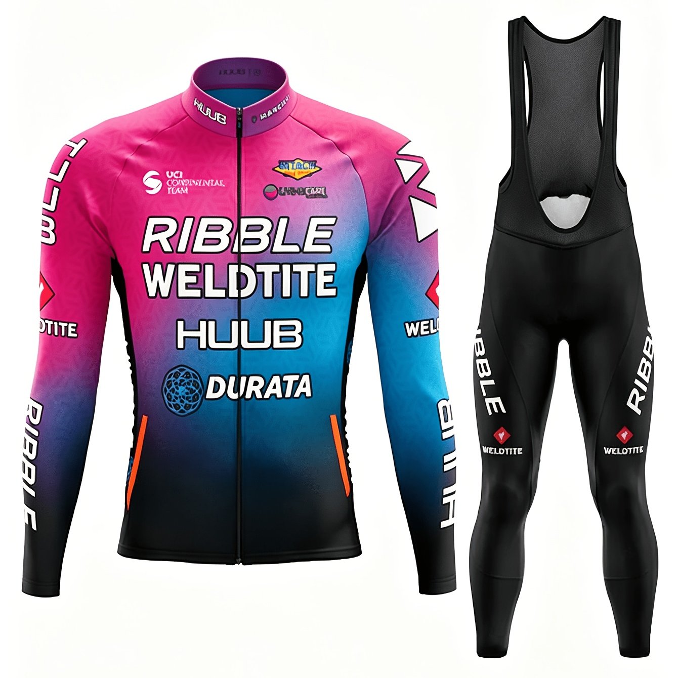 Image of Gradient -colored Long-sleeve Cycling Outfit Set. Breathable Mountain Bike/road Bike Backpacking Pants. Professional Racing Cycling Apparel Set.