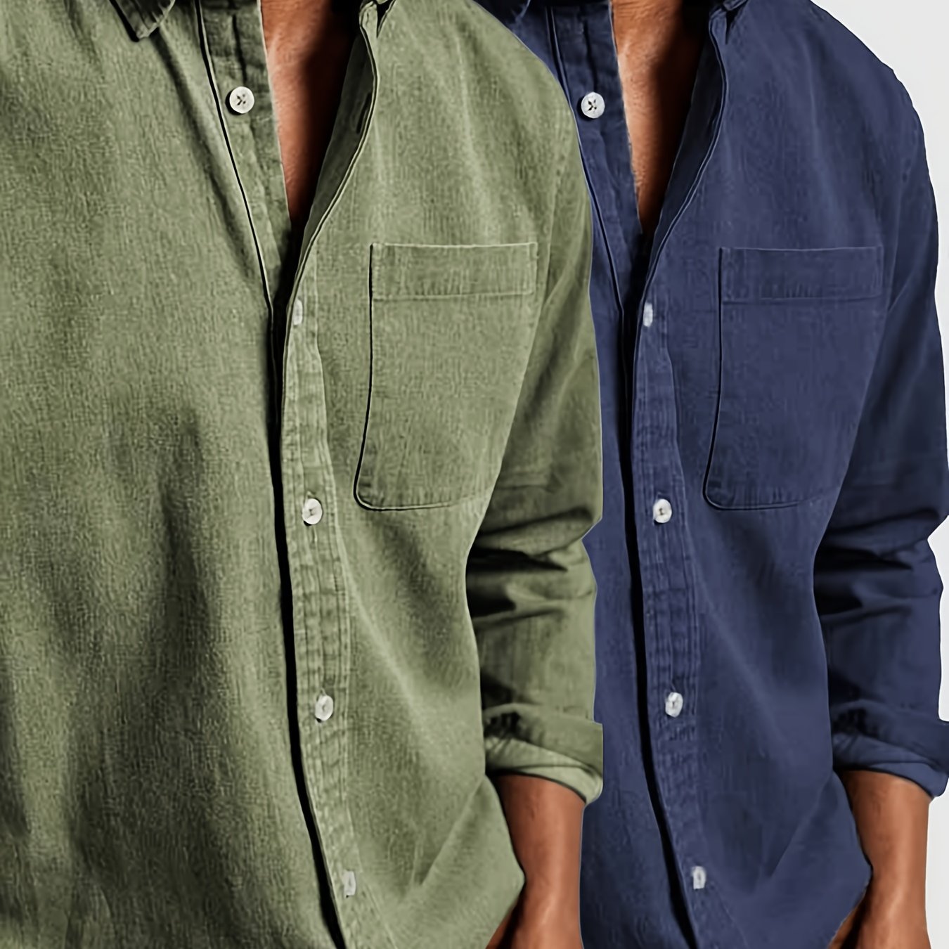 Image of 2pcs Men's Casual Pocket Shirt, Washed 100% Cotton Button- Long-sleeve Shirt, Vintage Washed Finish Single Chest Patch Pocket, Regular Fit, Ideal For Weekend Casual Wear, Men's Casual Sport Shirt