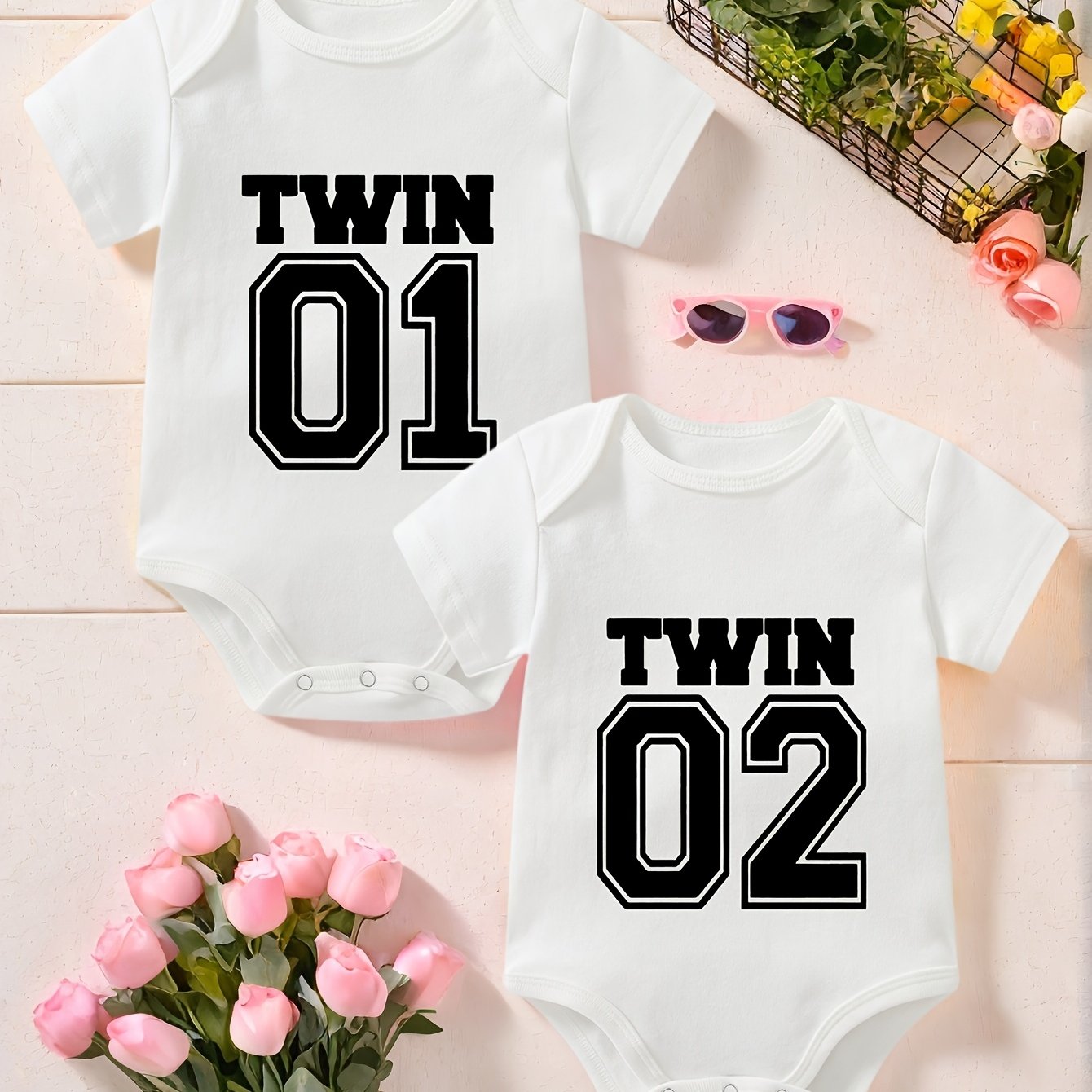 TEMU 2pcs Set Of Baby Clothes, Twin Baby Outfits With 01 And 02 Number Prints, Short-sleeve Round-neck Onesies For Newborns, Cute Birth Announcement