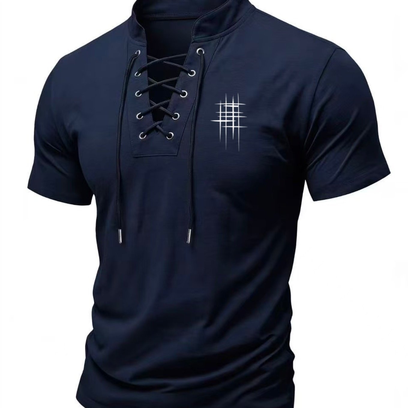 TEMU Men's Henry Neck Cross-strap Short Sleeve T-shirt With Mesh , Soft And Comfortable Fabric, American , Suitable For Dating, Commuting, And Casual