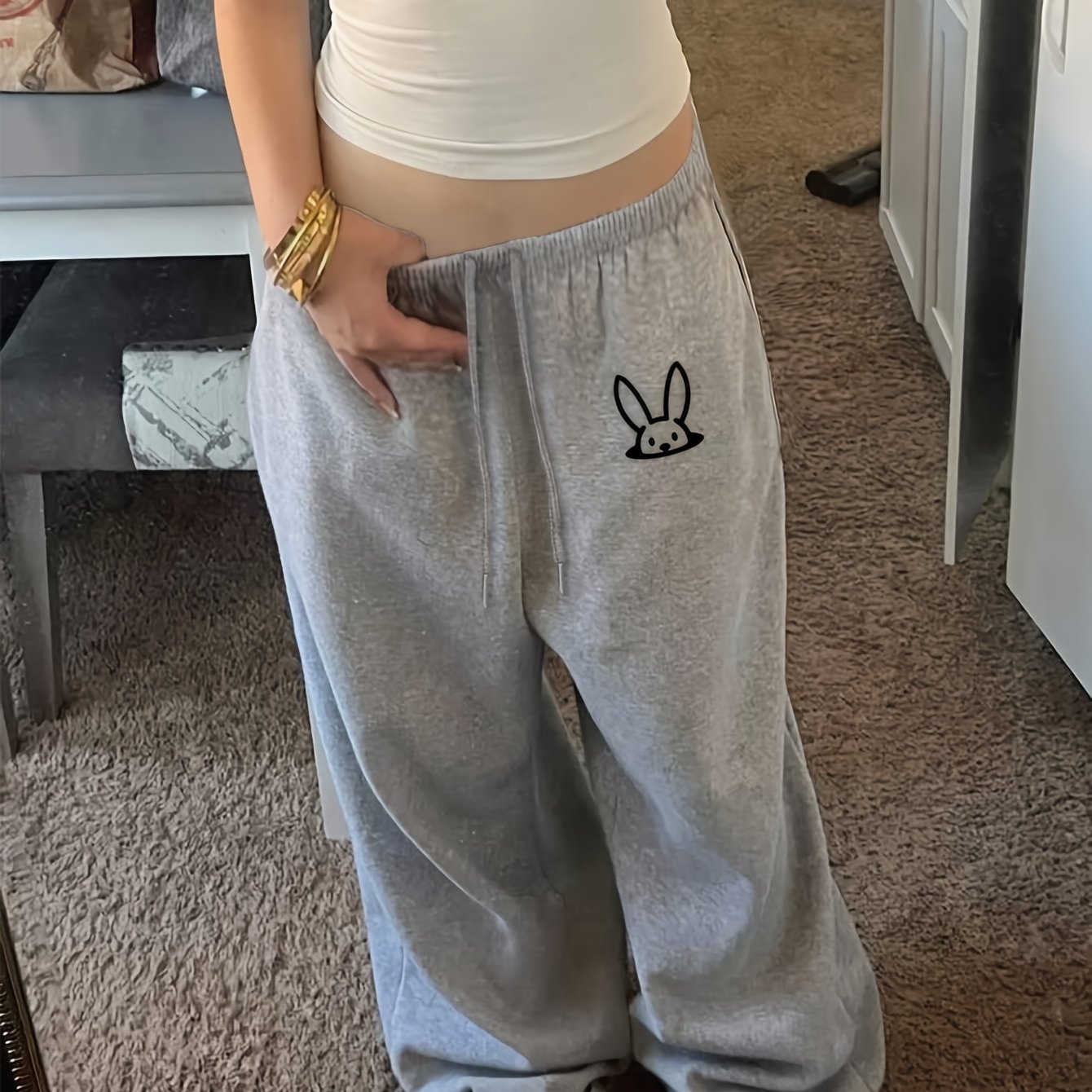 TEMU Women's Drawstring Loose-fit Pants With Bunny Line Art Print, -lined For Autumn/winter, Versatile For Daily Streetwear And Loungewear