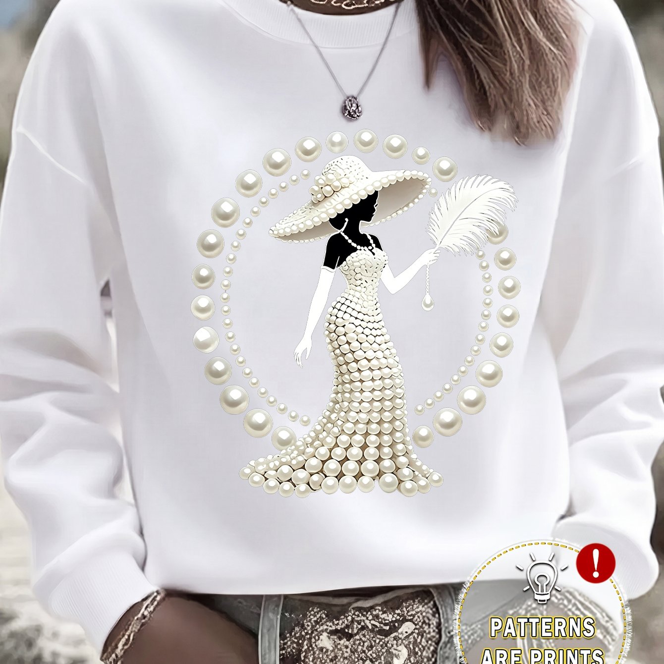 TEMU Women's Casual Crew Neck Sweatshirt, Surrounded Elegant Hat Lady Silhouette Print, Regular Fit, Autumn And Winter Women's Apparel, Patterns Are