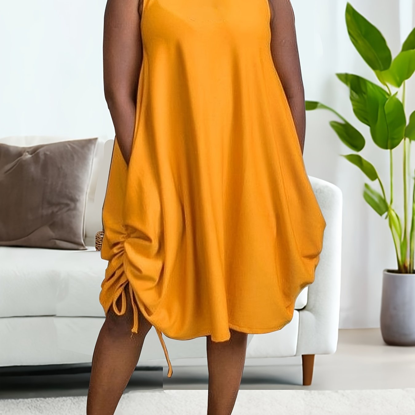 TEMU Plus Size Women's Sleeveless Dress Summer Loose Drawstring Design Mid-length A-line Silhouette Dress