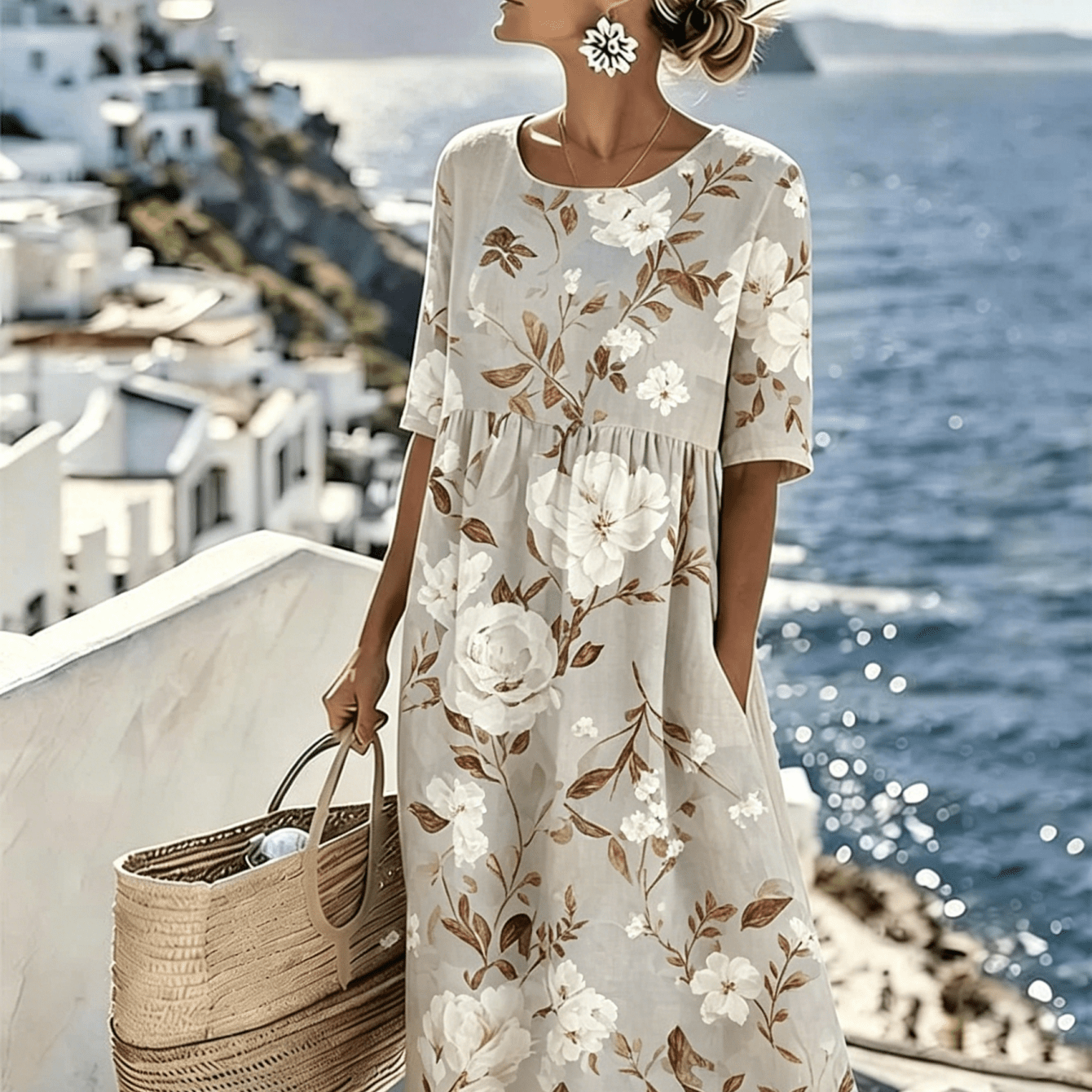 Image of Women's Summer New Half-sleeve Dress, White And Brown Floral Print, Round Neck Waist A-line Skirt, Loose Casual Vacation Long Dress
