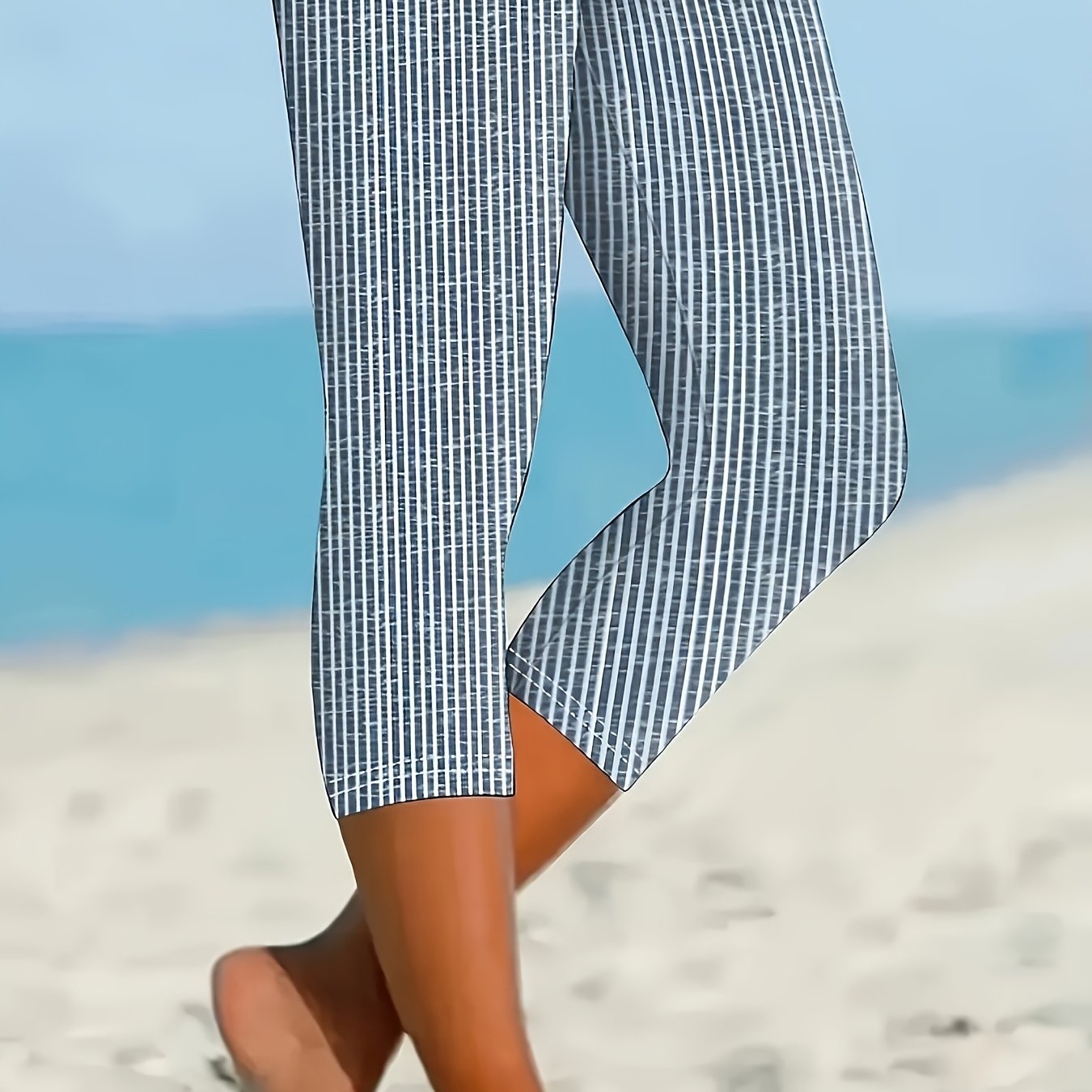 TEMU Women's Fitted Capri Pants, Striped Print Leggings