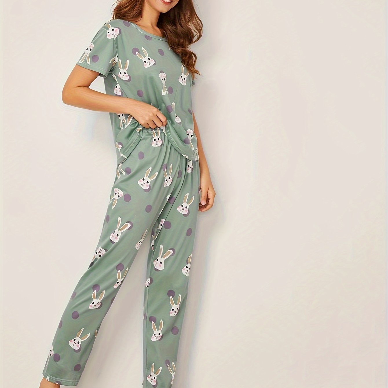 Women's Cute Bunny & Polka Dot Print Pajama Set, Short Sleeve Round Neck Top & Pants, Comfortable Relaxed Fit