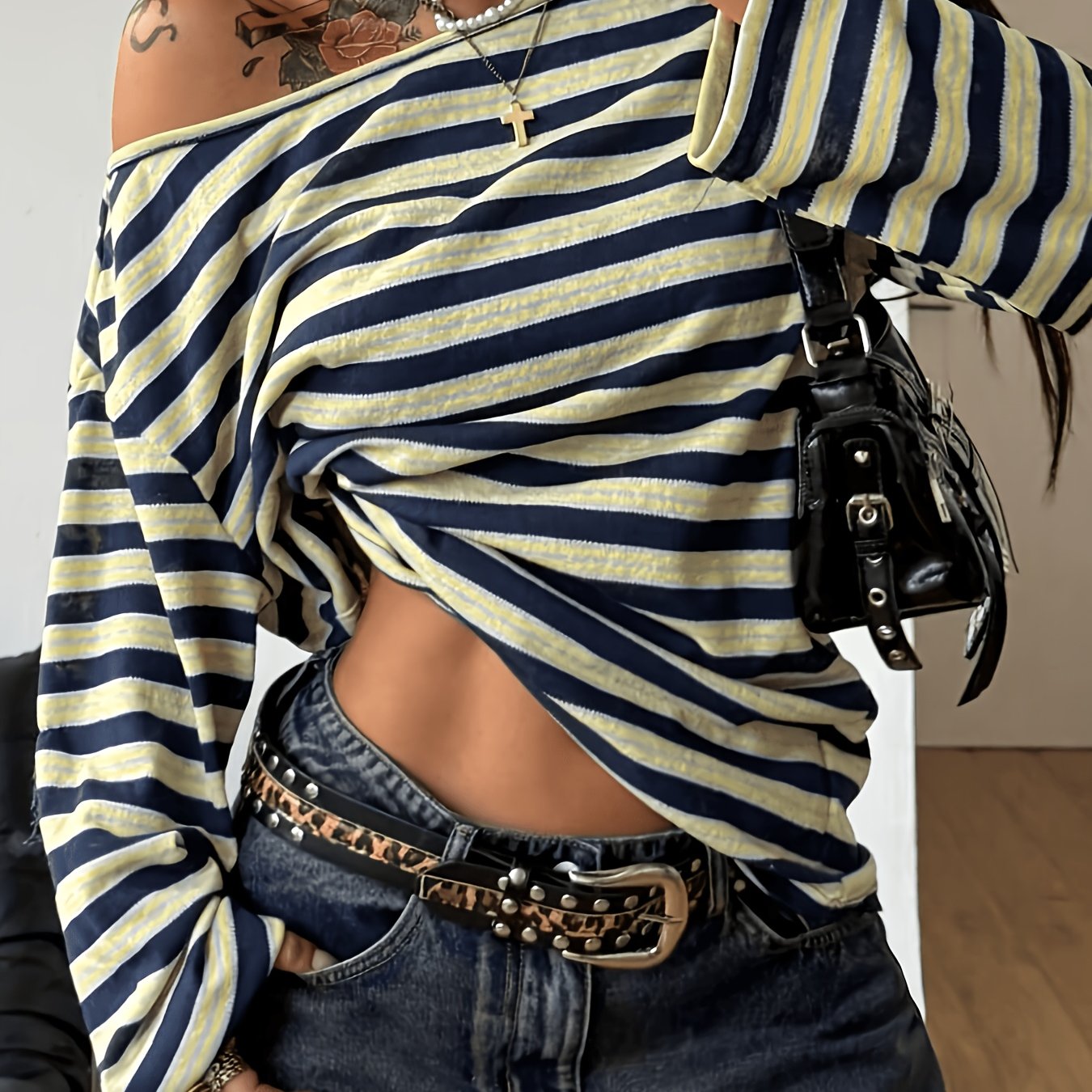 TEMU Women's Striped Off-shoulder Long Sleeve Top, Loose Casual Fit, Y2k Street Shirt