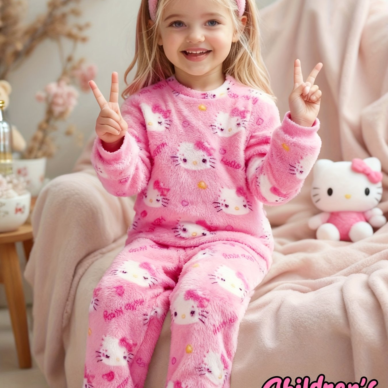 Image of "" Hello Kitty Girls' Pajamas Set, 2pcs, Long-sleeved Round Neck Pajamas Trousers Set, Comfortable Autumn And Winter Pajamas, Suitable For Gifts, , Girls' Fashion Pajamas Set.