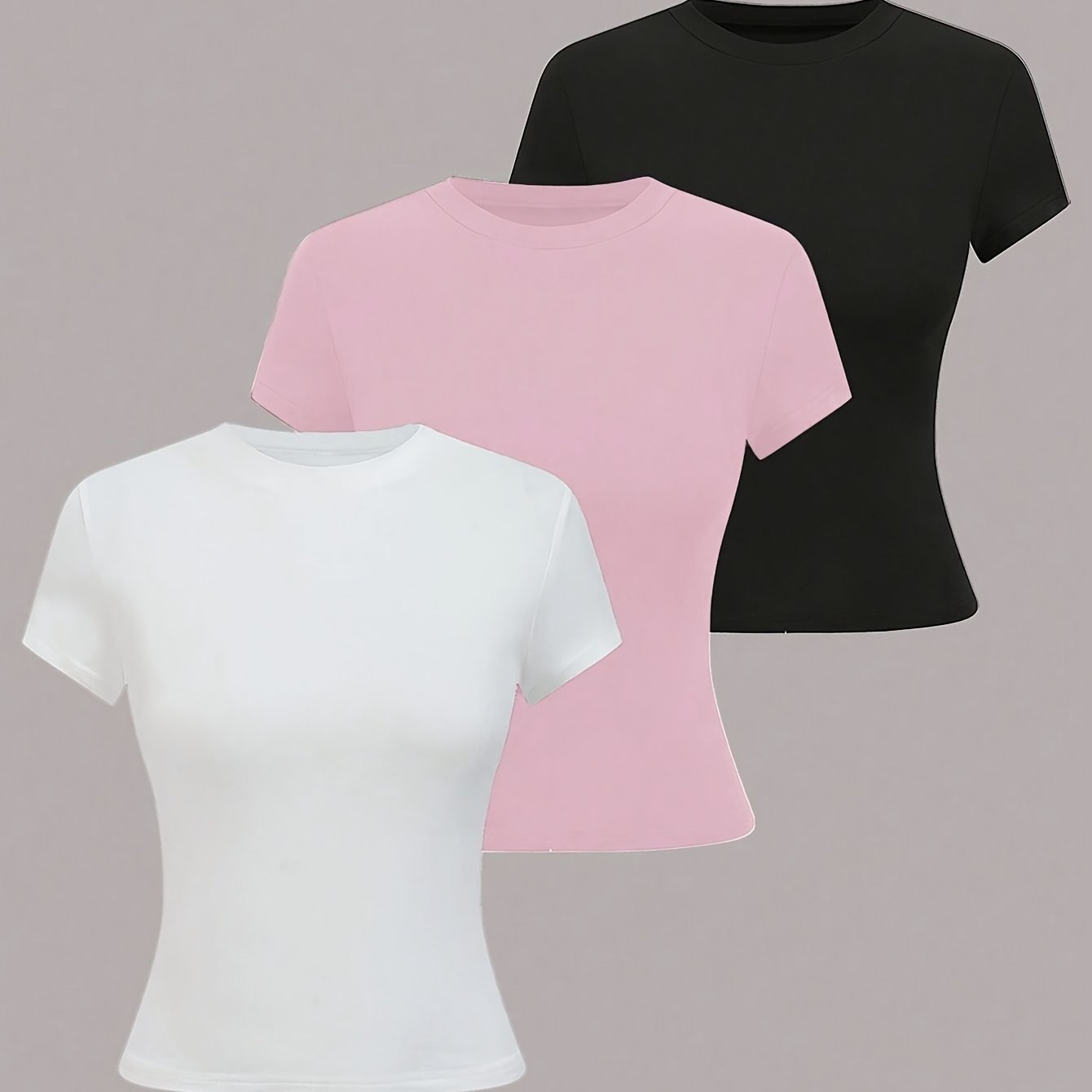 TEMU 3pcs Summer Women's Round Neck Short Sleeve T-shirt, Basic Solid Color Top