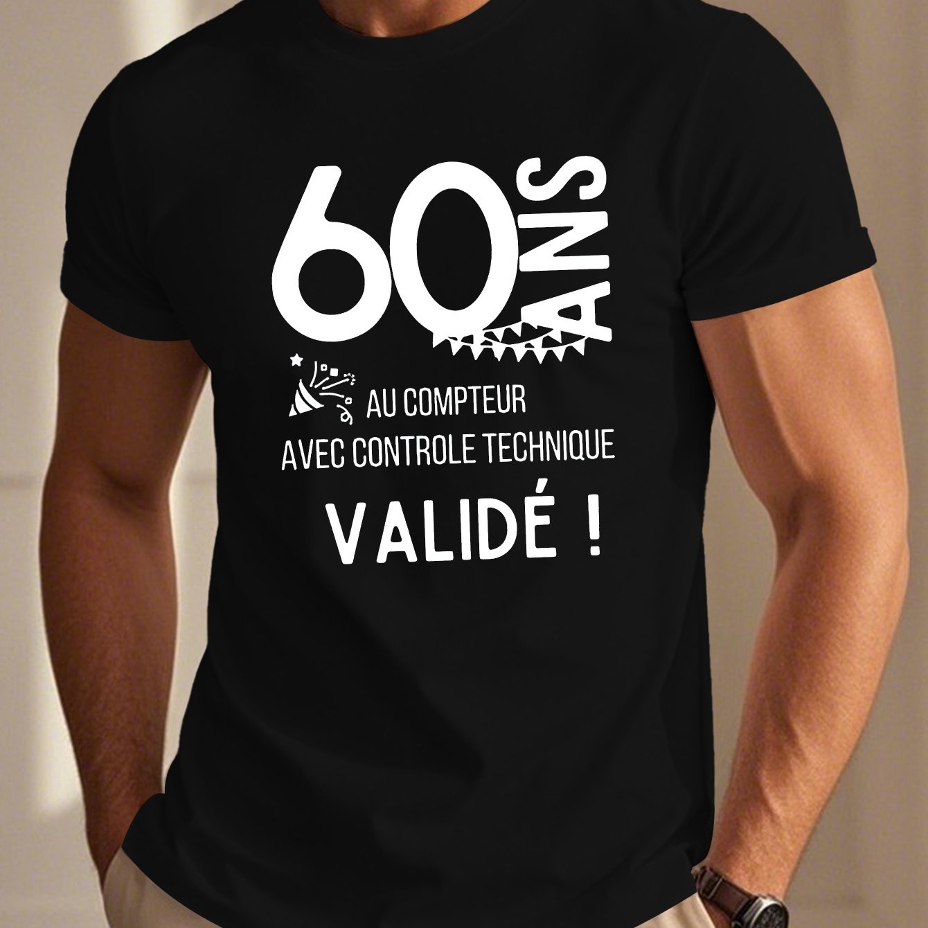 TEMU T-Shirt Humour Français pour Hommes - Slogan "60 Ans d'Expérience" & Imprimé Géométrique, Haut Décontracté à Col Rond et Manches Courtes Légères