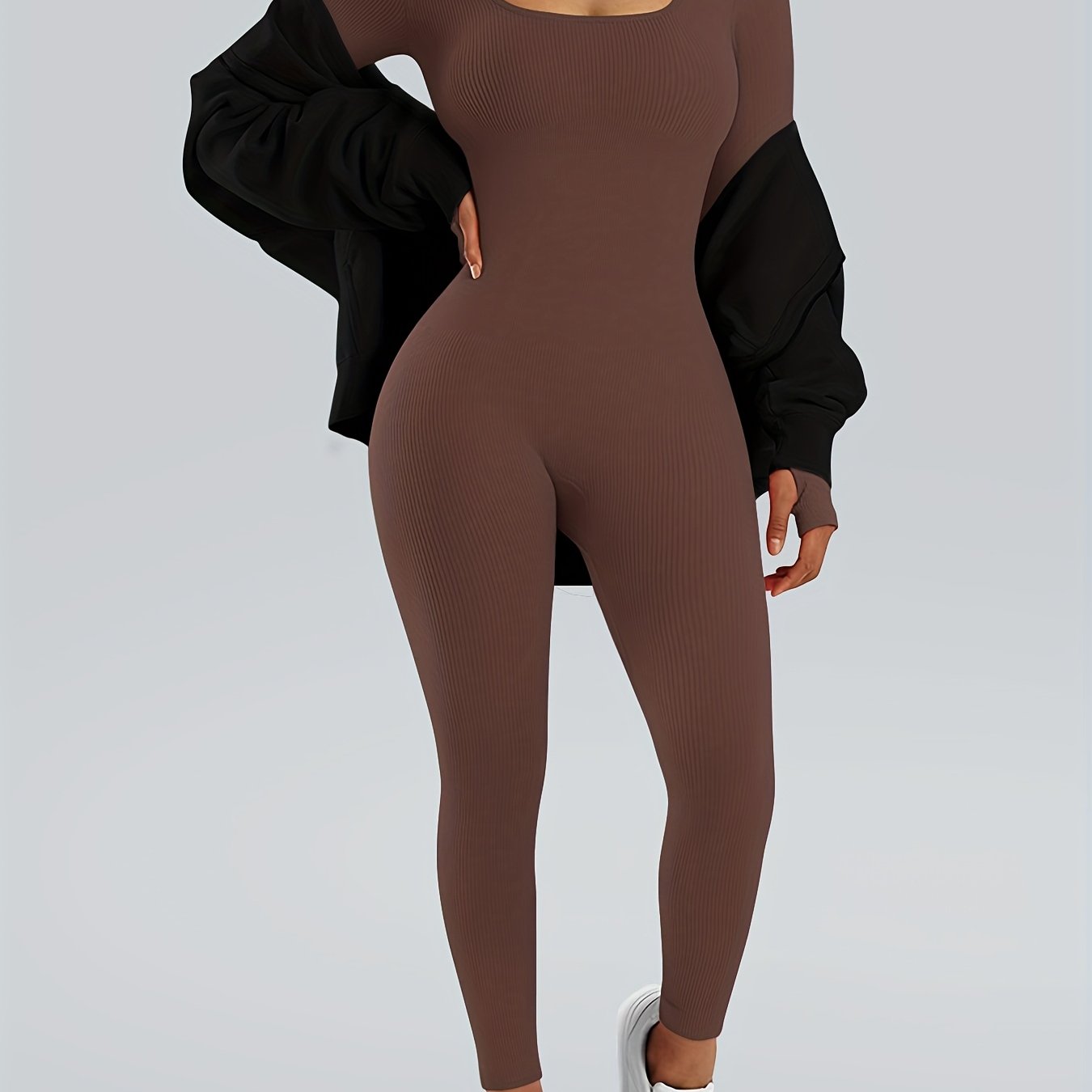 Image of Sporty Fitness Ribbed Elastic Bodysuit: Stylish, Sexy Solid Color Jumpsuit, Wear – Durable And Easy To Care For