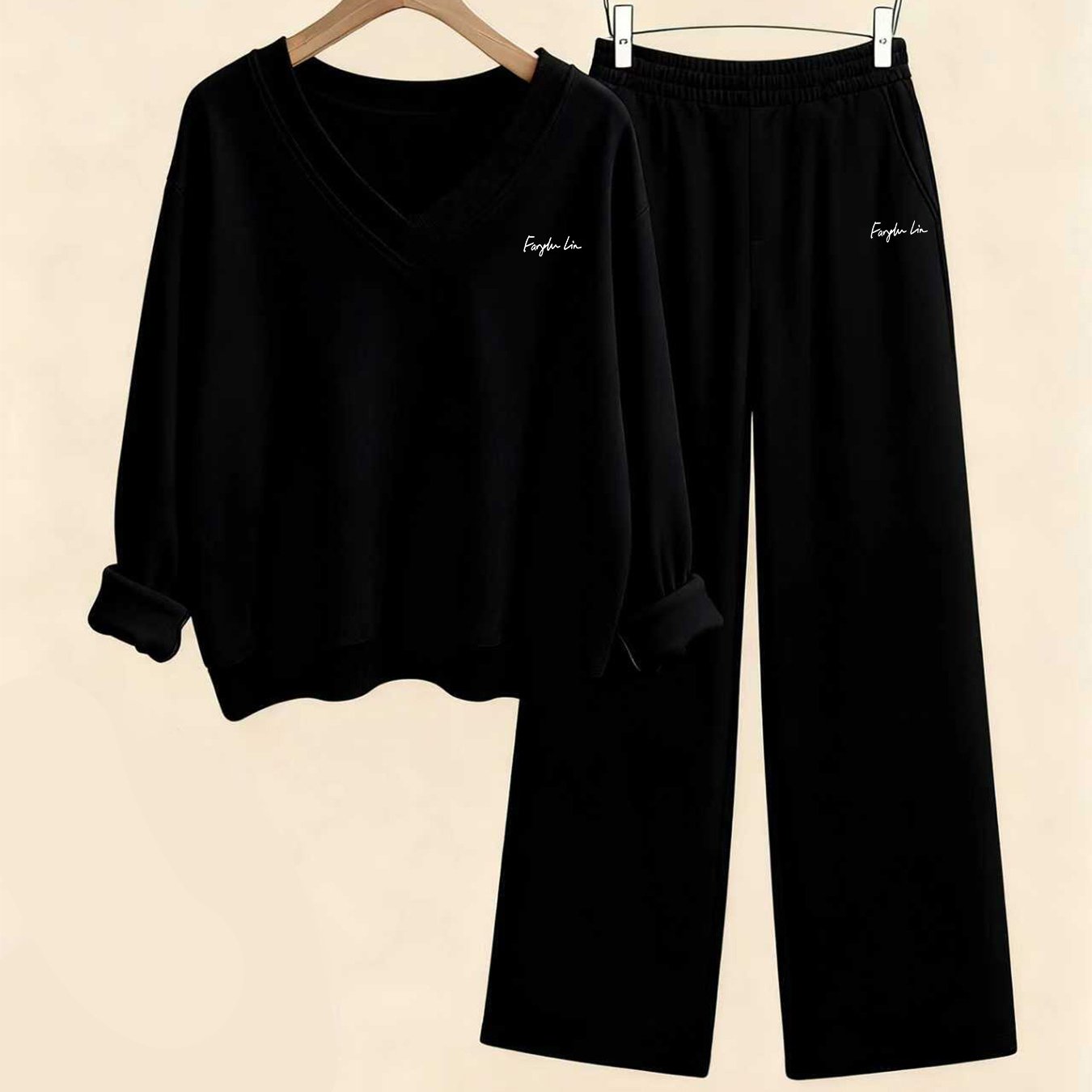 TEMU Fashion Spring Autumn Casual Long Sleeve V-neck Sweatshirt And Pants Two-piece Set, Casual Long Pants Suit
