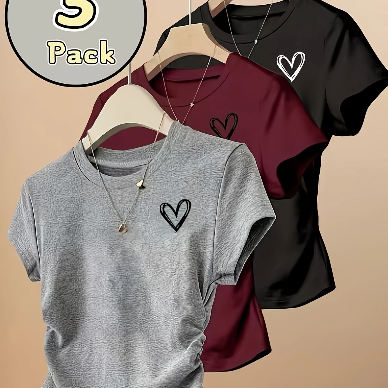TEMU 3pcs Pack Pleated Round Neck Short Sleeve Heart Print Elegant T-shirt Top
