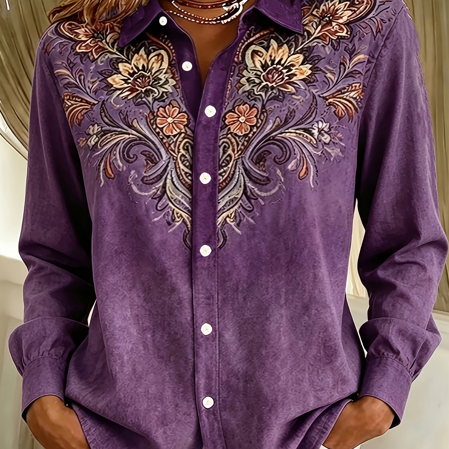 TEMU Women's Beautiful Shirt Long Sleeve Fashion Trendy Lapel Shirt, Retro American Floral Print Women's Blouse Top, Perfect Gift For Women