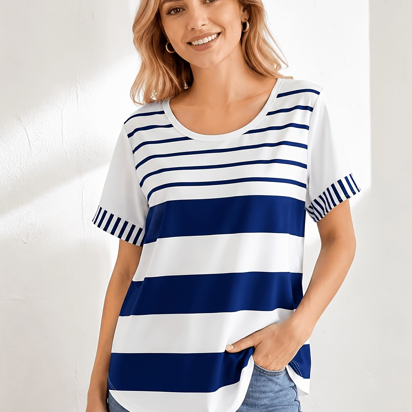 TEMU Plus Size, Plus Size Women's T-shirt Blue And White Striped Pattern High Elasticity And Blue And Ladies T-shirt, Lightweight, Holiday T-shirt,