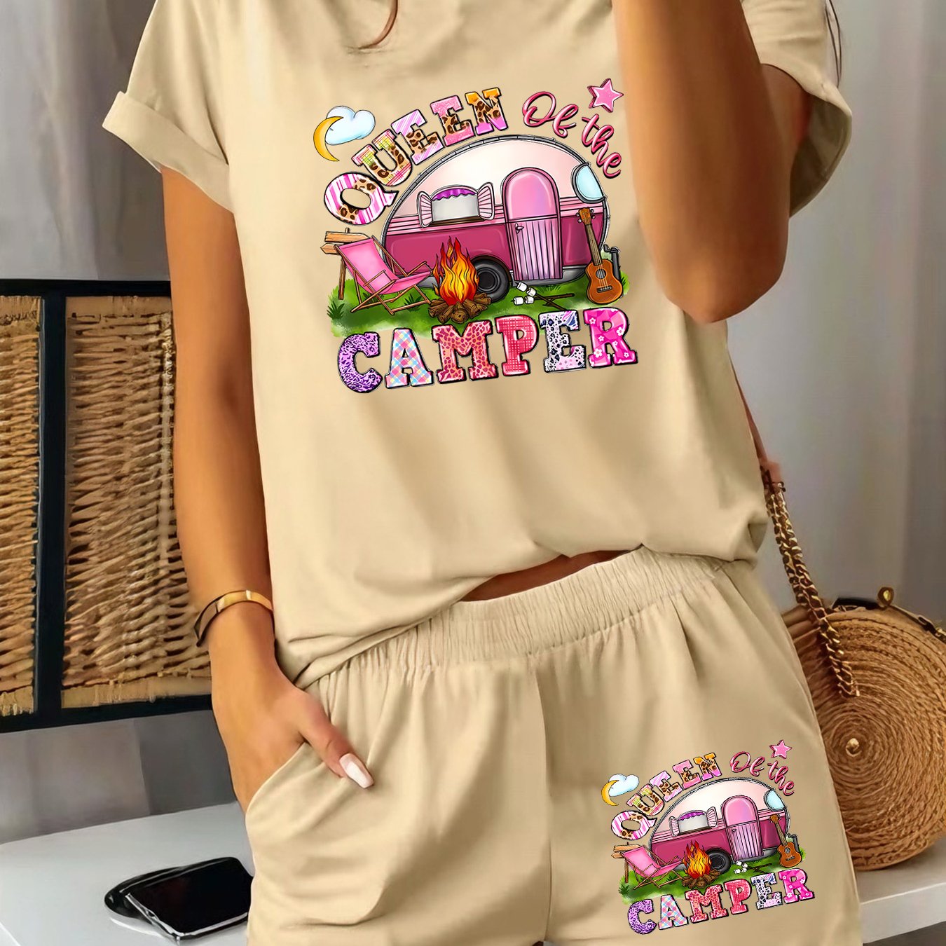 TEMU 2pcs Women's Spring Short-sleeve Set - Cartoon Rv Camping Printed Short-sleeve And Shorts Outfit, Comfortable, Soft, Breathable Sports Casual