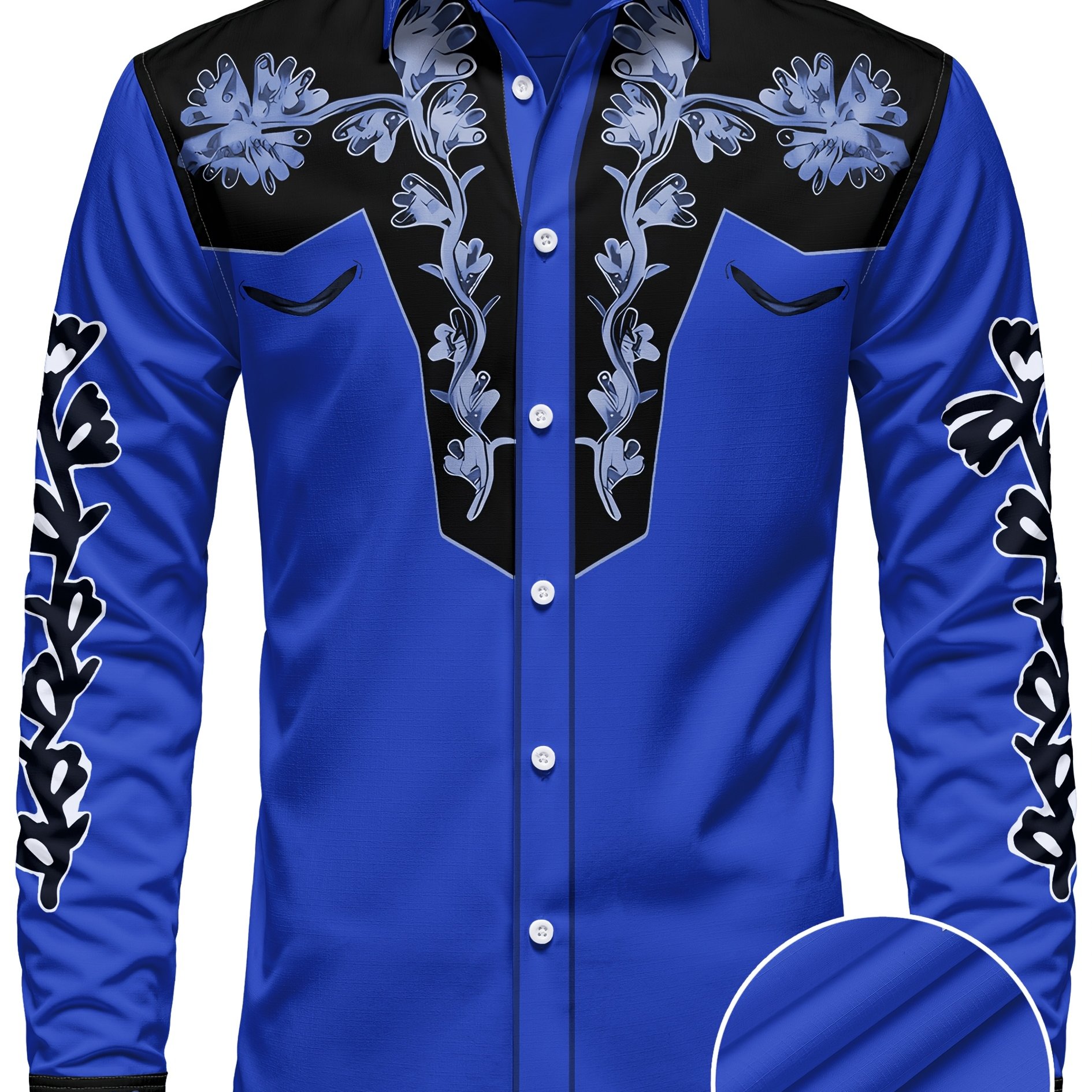 TEMU Christmas Men&;s Western Cowboy Floral Print Long Sleeve Shirt - 100% Polyester Button-up Collared Top With Black & , Machine Washable Regular