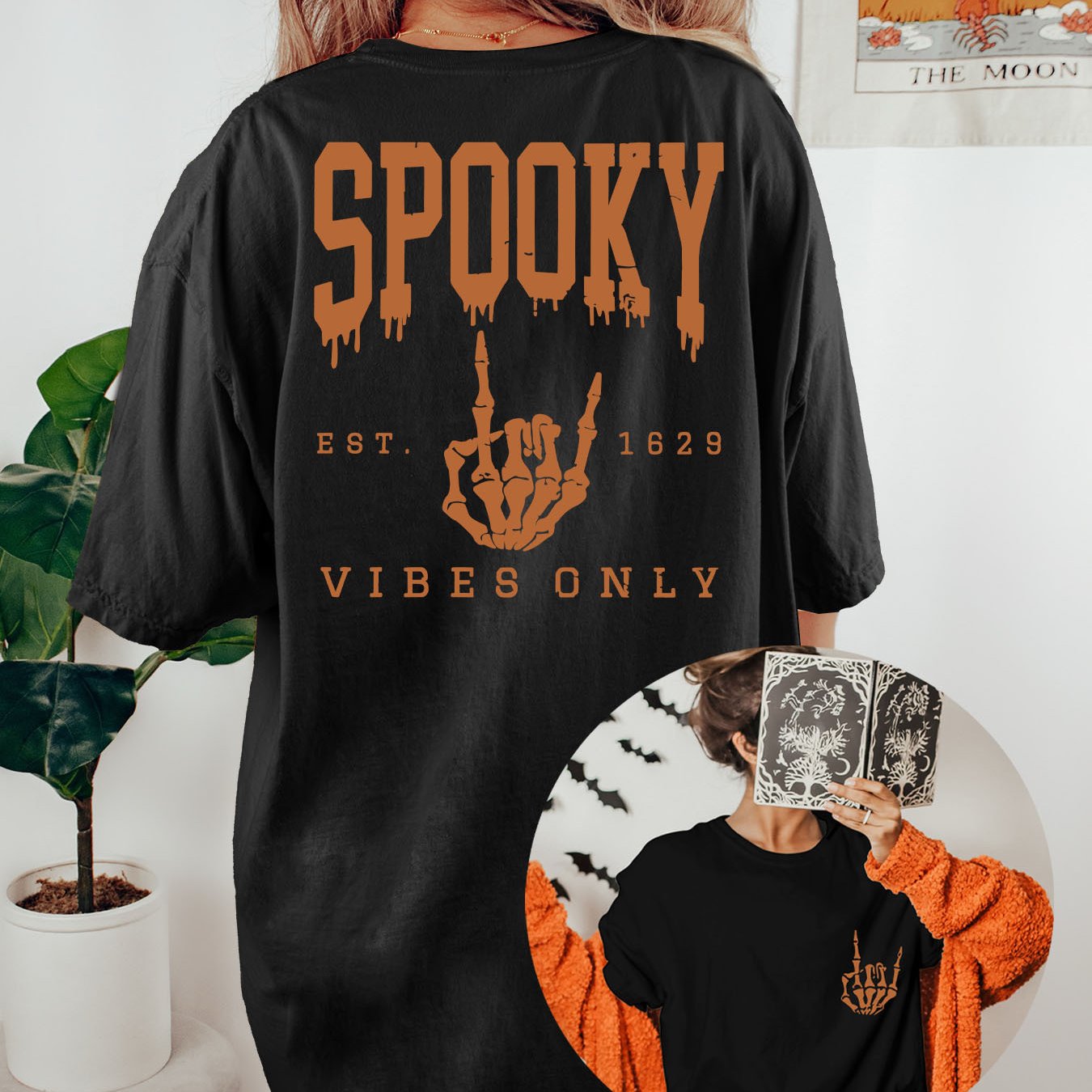 Image of Halloween Spooky Letter Skull Hand Print Loose Casual Short Sleeve T-shirt Dress