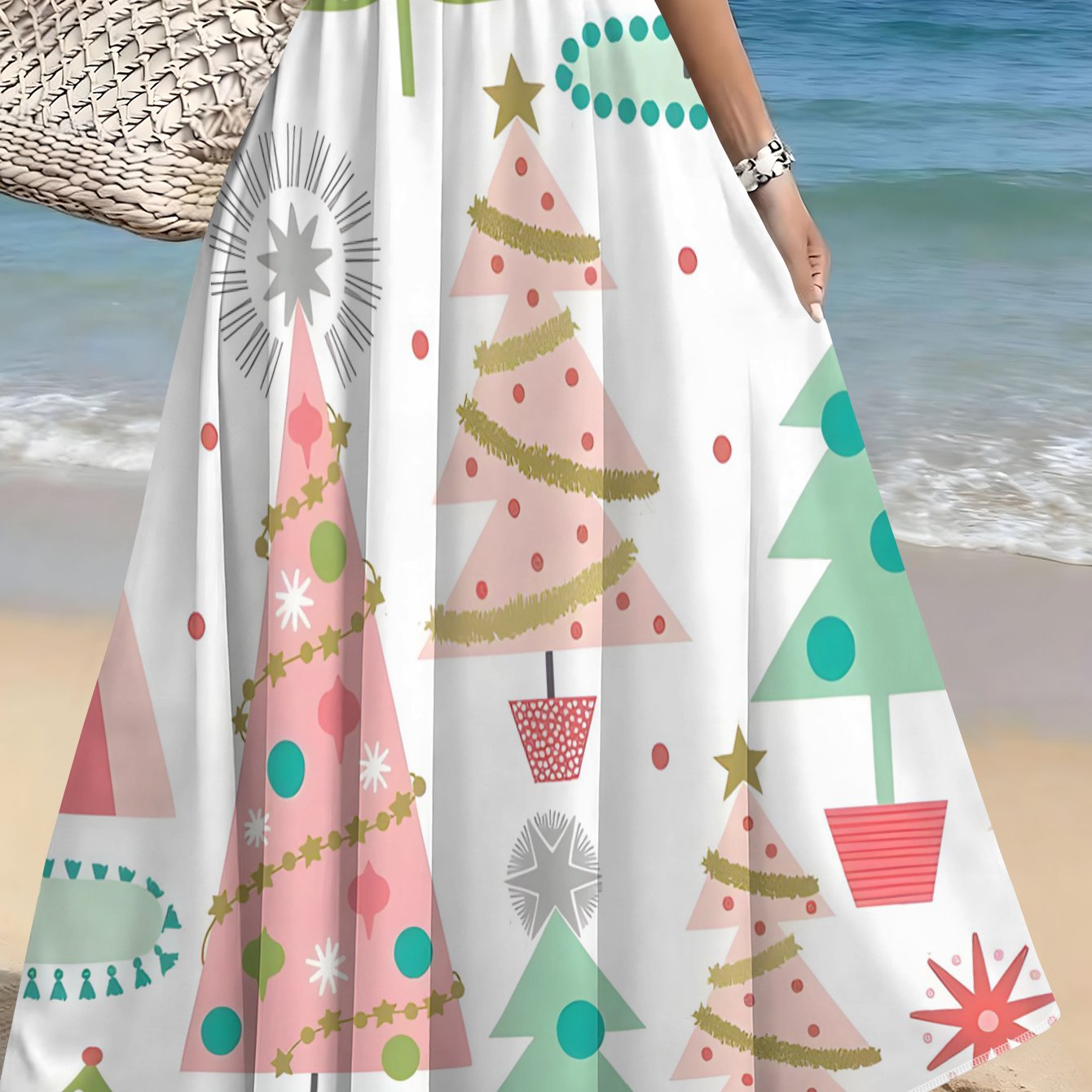 TEMU Women's High-waist Maxi Dress With Full-length Christmas Tree Print - Non-stretch Machine Washable Dress Suitable For Spring Summer Fall, Casual