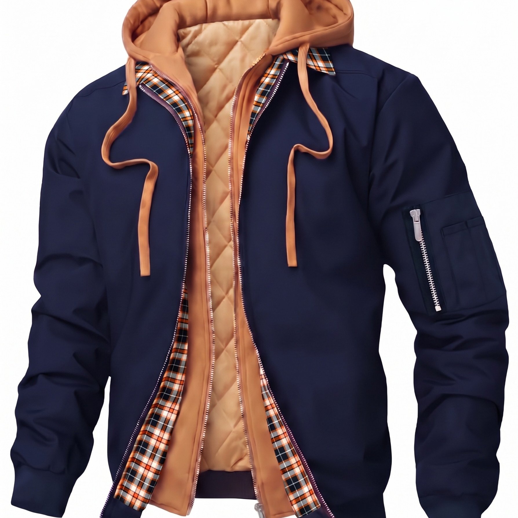TEMU Nouvelle Veste à Capuche Homme Fausse Deux Pièces, Veste Épaissie Automne Hiver, Haut Décontracté Chaud à Col Baseball Patchwork à Carreaux
