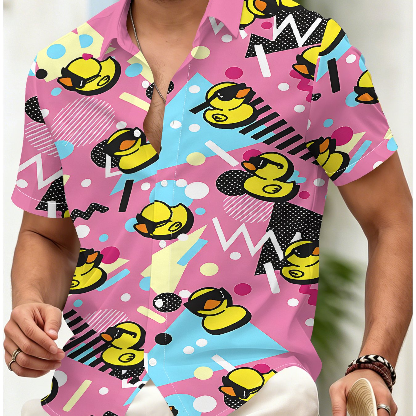 TEMU [Diseño Estampado - No Texturizado] Camisa Hawaiana de Manga Corta con Estampado Geométrico de de Goma y Gafas de Sol Cool de Base Rosa para