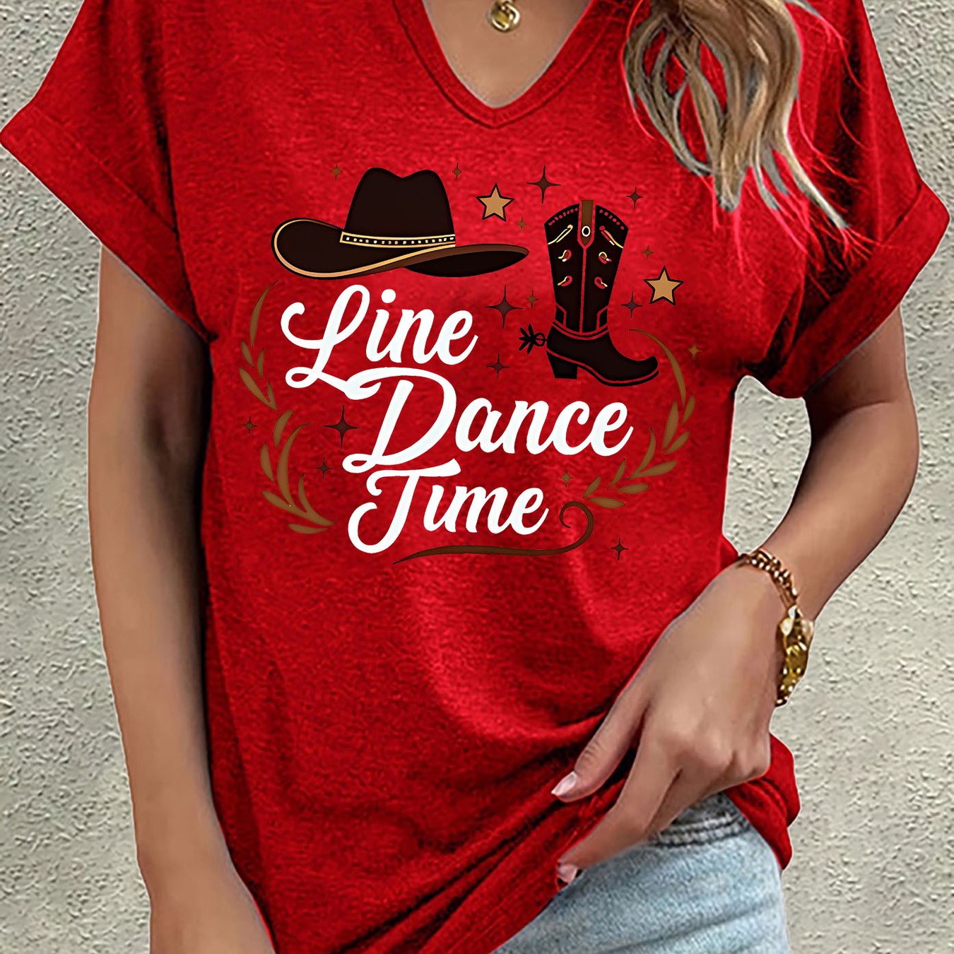 TEMU Country Graphic Print T-shirt Short Sleeve V Neck Casual Top For Summer, Fashion Women's Clothing