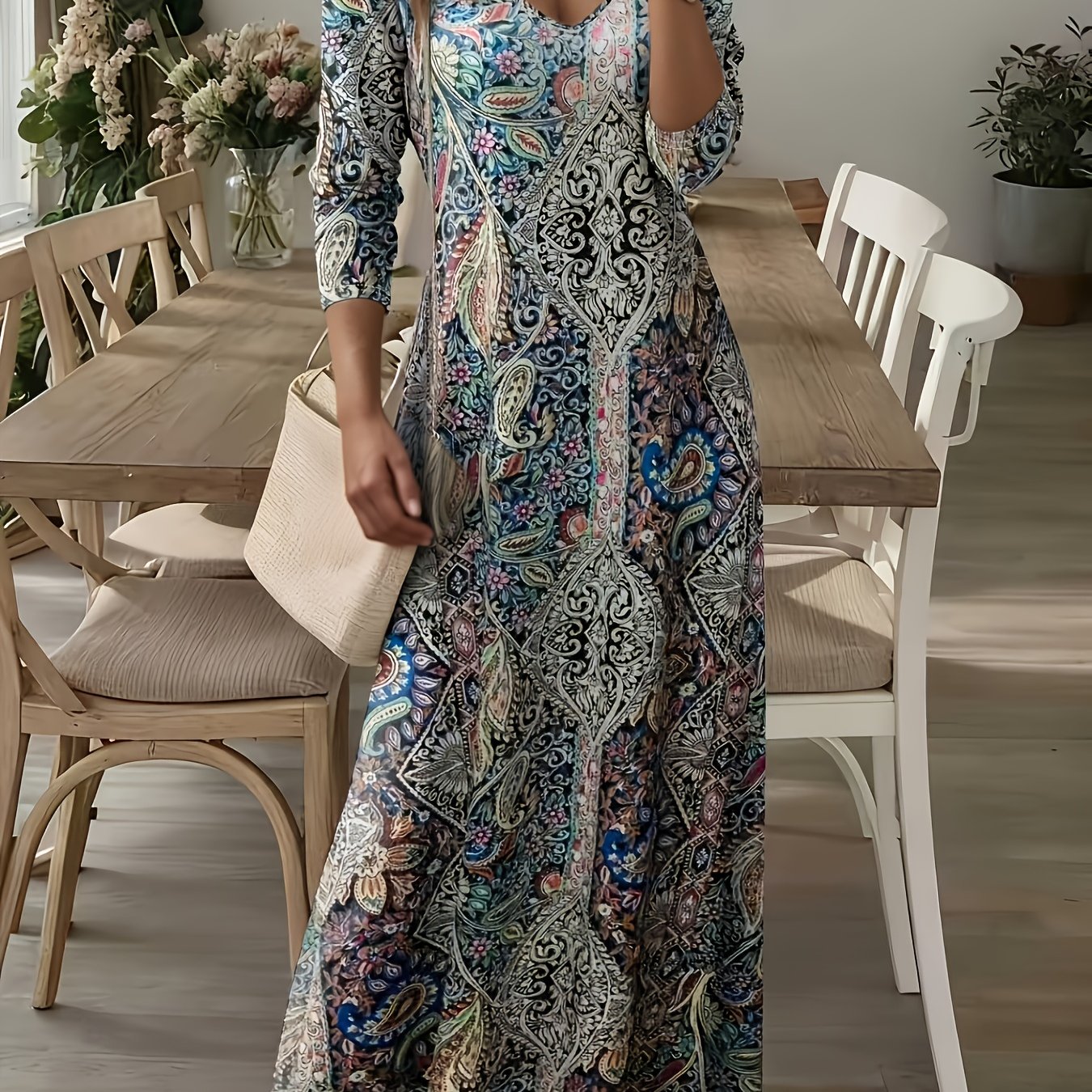 TEMU Spring Summer New Full-print Long Sleeve Dress, Casual Summer Dress, Flowy Vacation Outfit, Loose Spring Summer Daily Wear Dress