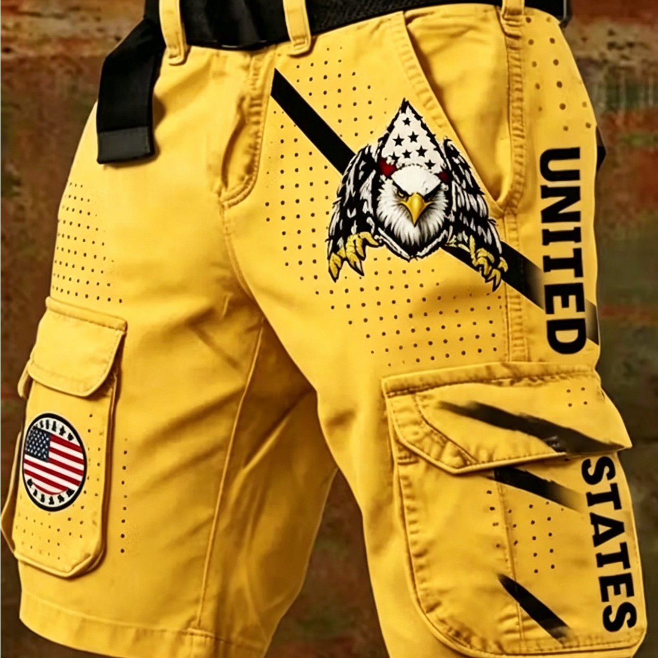 Image of Men's Patriotic Eagle American Flag Print Cargo Shorts, Multi Side Flap Pockets Casual Outdoor United States Letter Graphic Summer Work Shorts