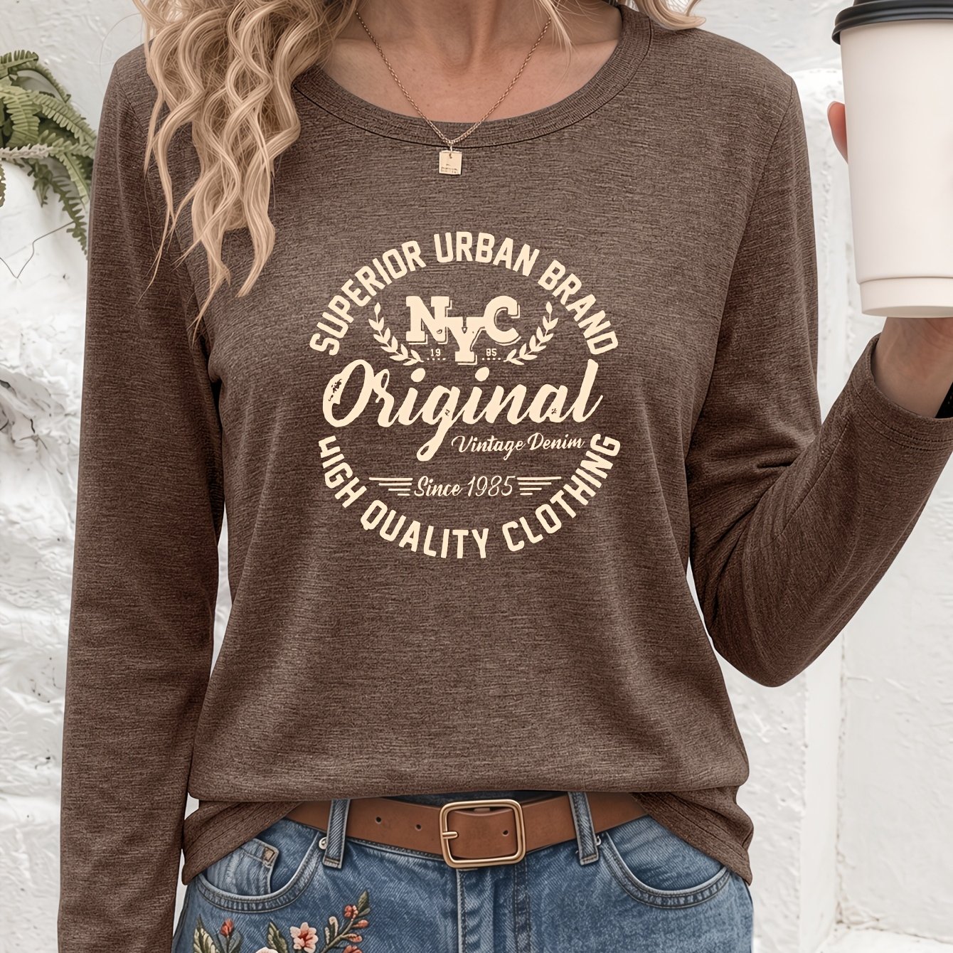 TEMU Retro American Style, Original Letter Print Round Neck Long Sleeve T-shirt, Skin-friendly And Soft, Base Layer, Casual , Easy 's Long Sleeve