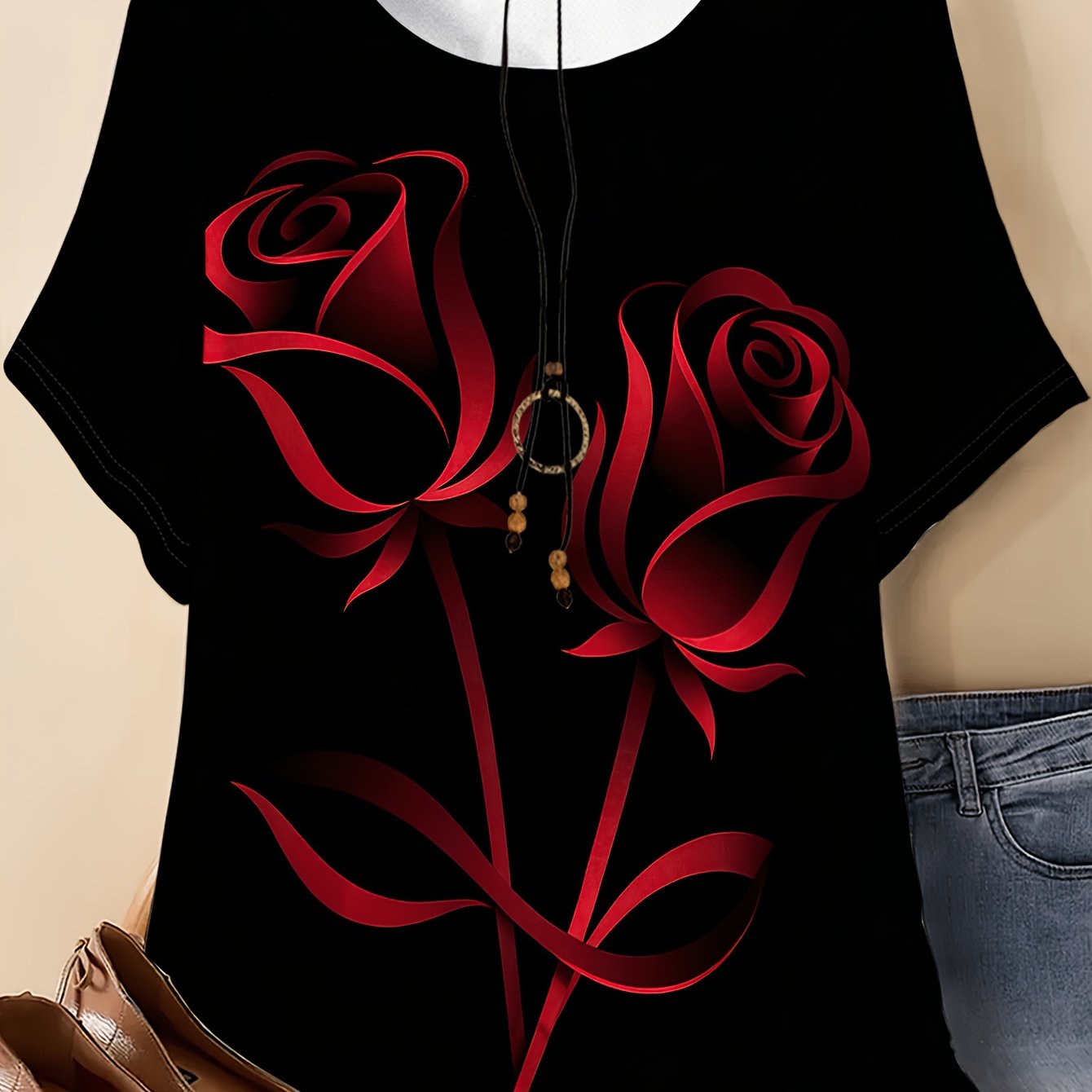 TEMU Plus Size, Women's Plus Size T-shirt With 2 Blooming Red Roses Print - Soft Crew Neck -compatible Top Suitable For Casual Summer Wear, Outdoor