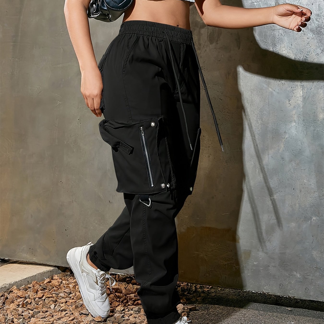 Image of Women's High-waisted Loose Overalls: Casual, Fashionable, And Comfortable With A Soft Polyester Drawstring Elastic Waistband, Practical Multiple Pockets, And Comfortable For Wear