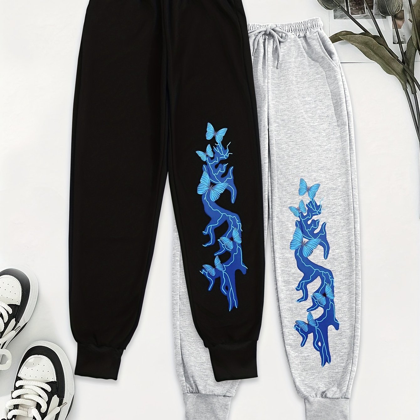TEMU Women's Graphic Joggers 2pcs - Casual Waist Sweatpants With Pockets, Machine Washable