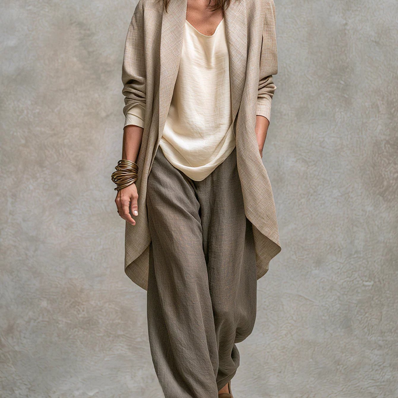 Women's Bohemian Linen 3pcs Suit Set With Wide-leg Pants, Blazer And Inner Top