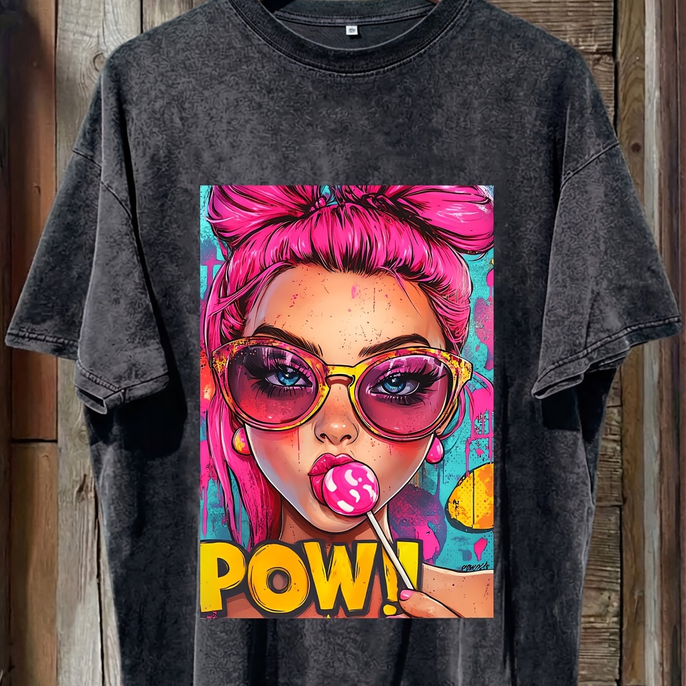 TEMU Women's Pop Art With Pink Hair & Lollipop Design - Pure Casual Top, Retro Suitable For - Wear, Gift For , Machine Washable Non- Style