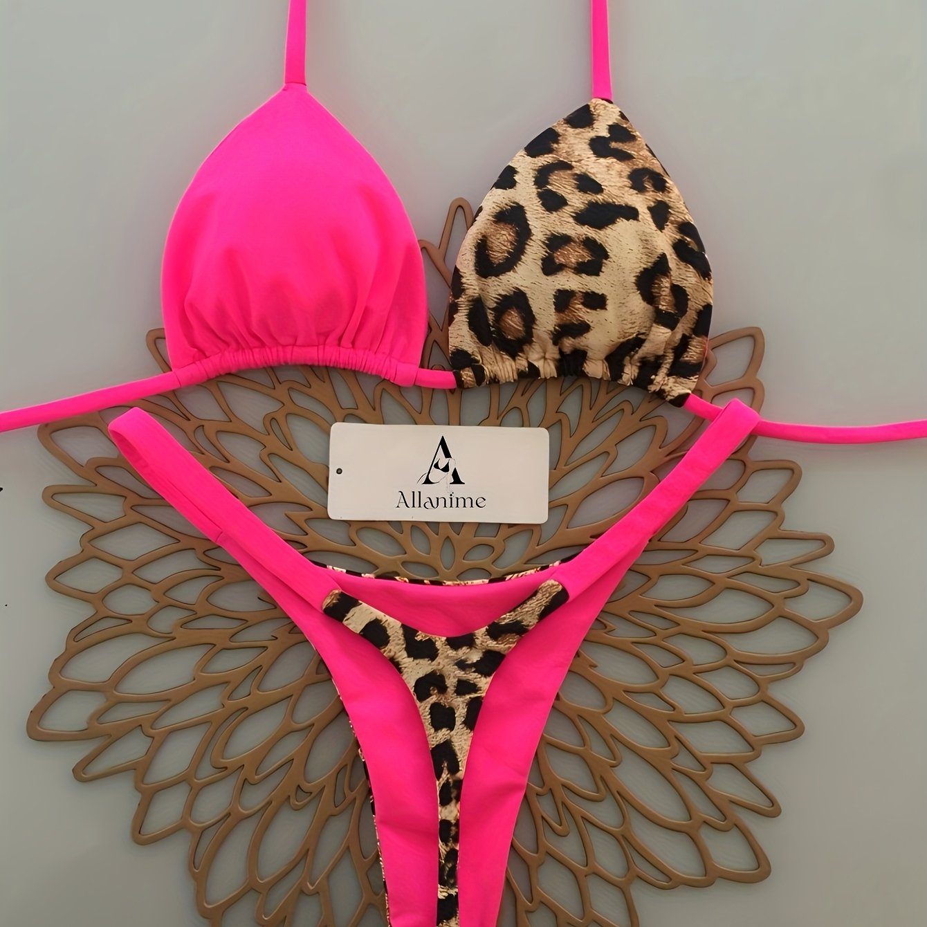 E-shop Neuer Strand Pool Party Leopard Print Sexy Neckholder Bikini Split Badeanzug für Damen