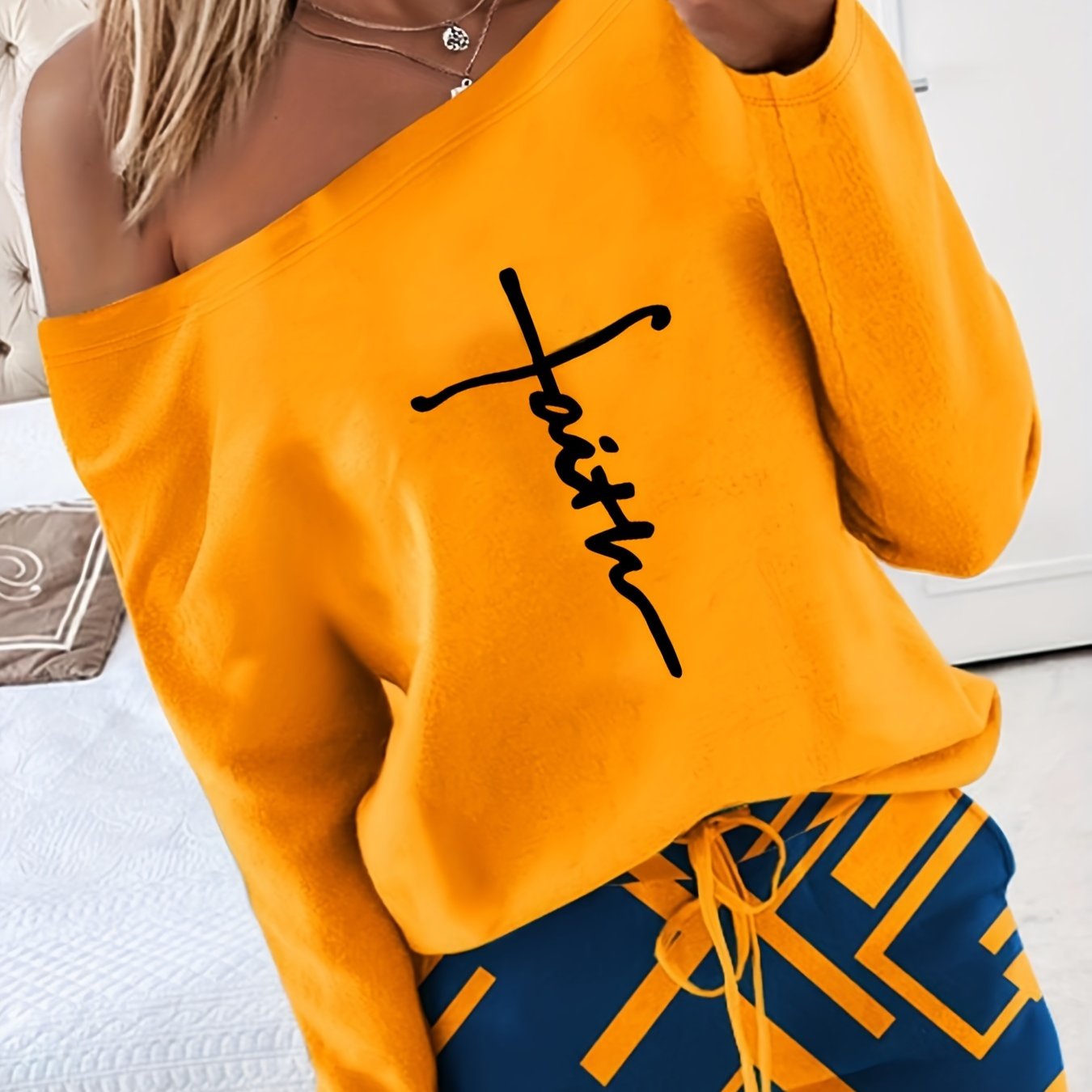 Directional Style - Letter Print Top And Geometric Pattern Printed Pants 2pcs Set