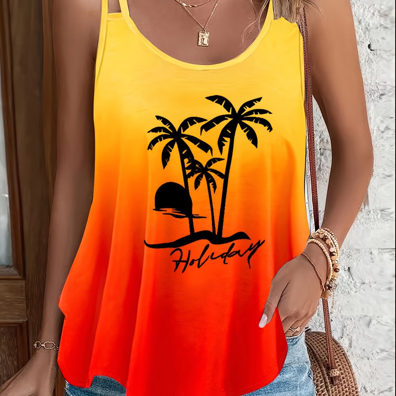 Plus Size - Plus Size - Palm Tree Print Red-yellow Gradient Vest
