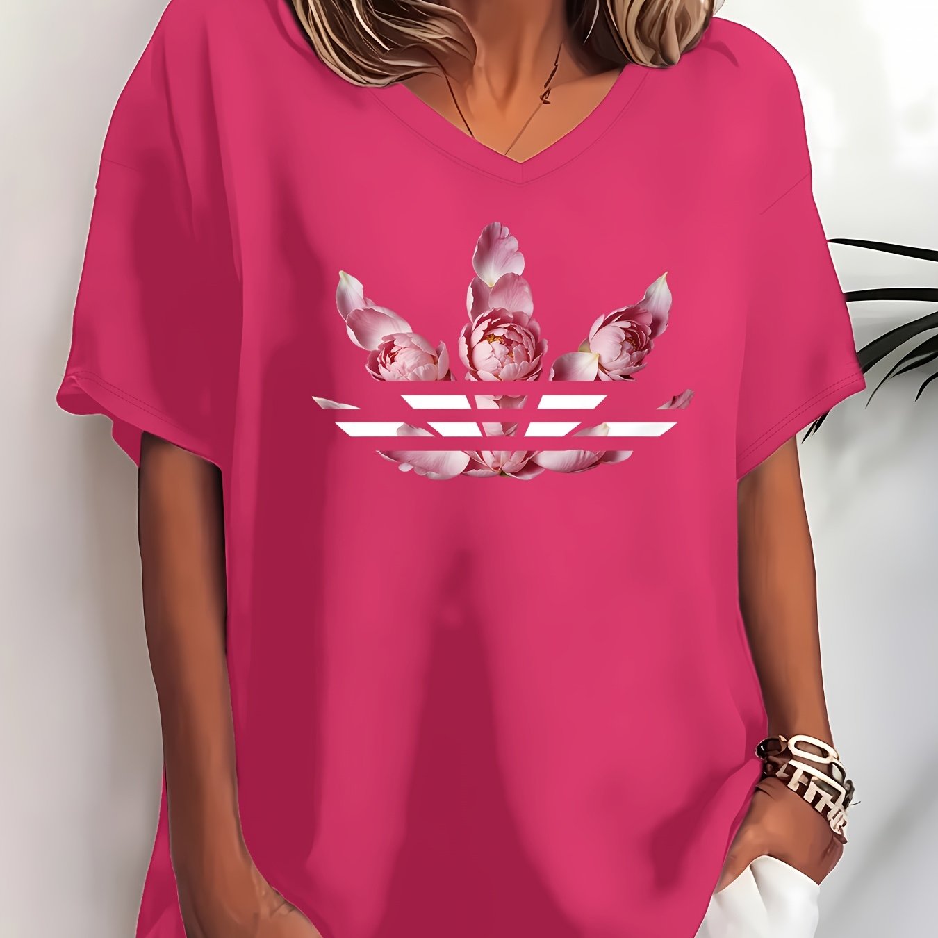 TEMU Plus Size - Plus Size - 1xl-8xl Plus Size V-neck Short-sleeve T-shirt Women's Casual Top With Pink Peony Geometric Print Regular Fit Casual