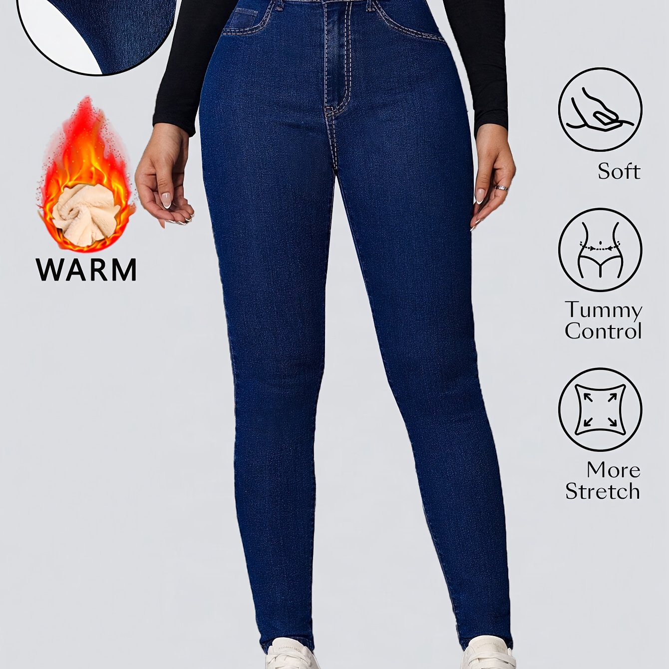 Dark Blue Fleece-lined Elastic Small Leg Pants Denim Jeans