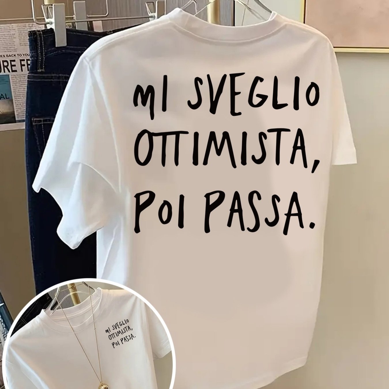TEMU Front And Back Short Sleeve T-shirt Italian Text, Fashion Print Women's Spring And Summer Trendy Printed T-shirt, Fashionable And Trendy Item